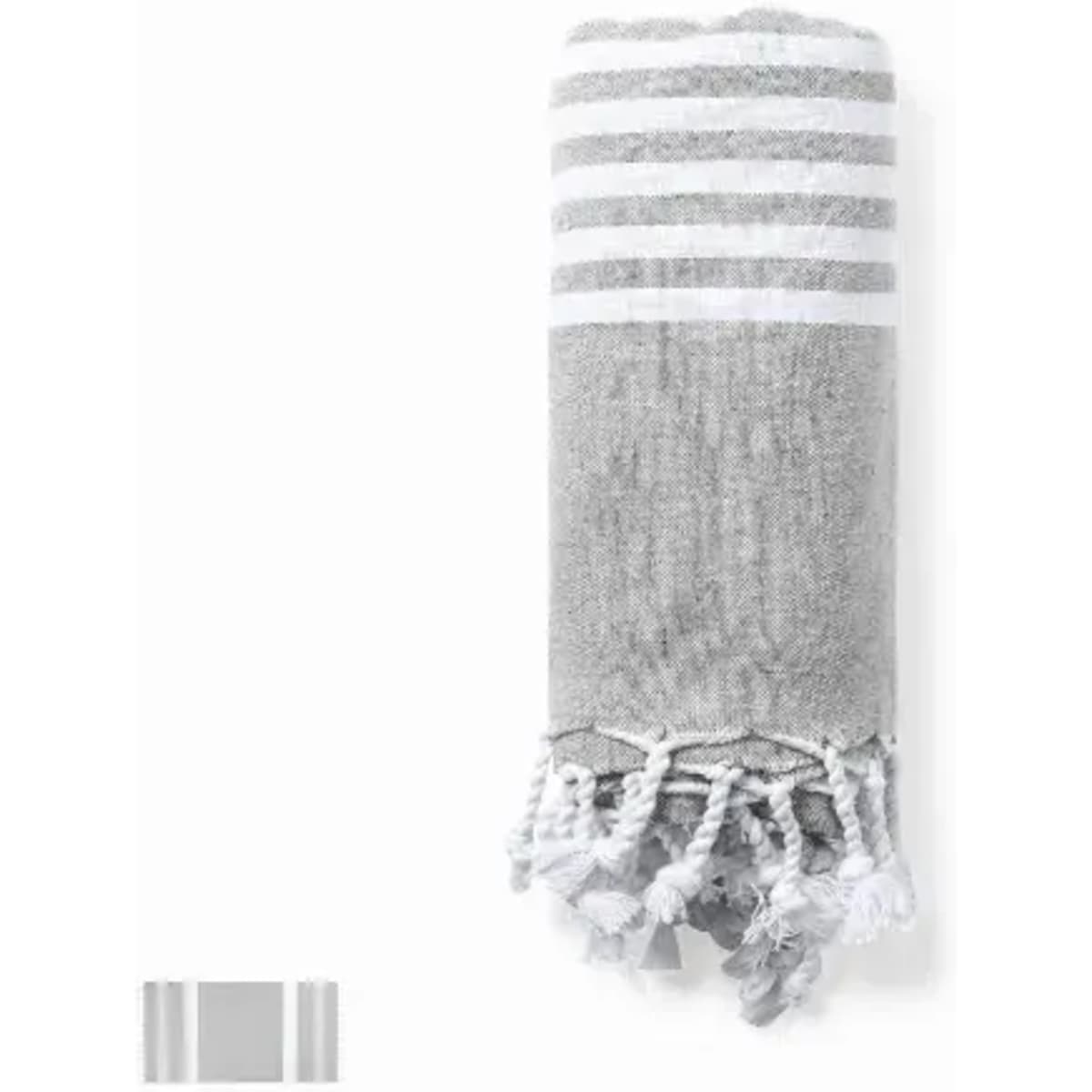 A rolled towel featuring grey and white stripes with tasselled ends, displayed against a plain background.