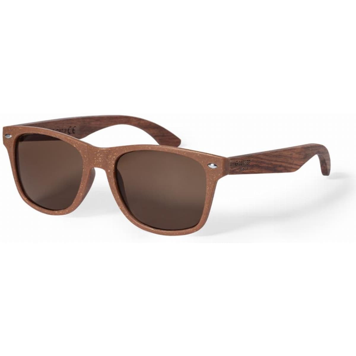 A pair of brown sunglasses with wood-like frames and dark lenses, featuring a logo on the side.