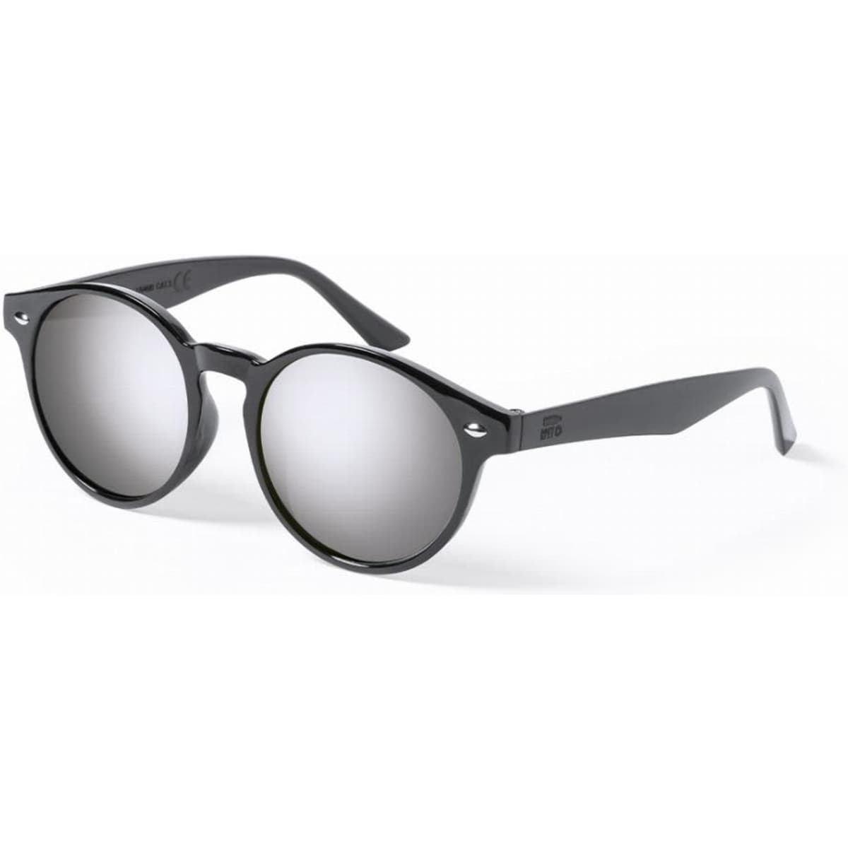 A pair of round black sunglasses with mirrored lenses and a simple design. They have a sleek, stylish appearance.