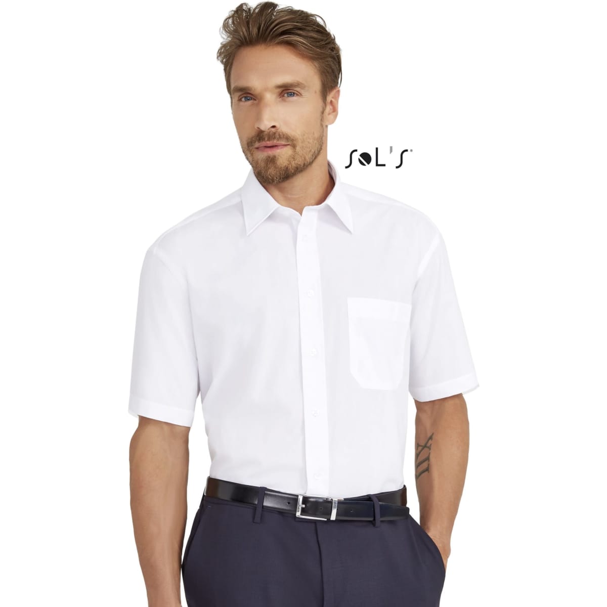 A men's short sleeve business shirt in crisp white, featuring a pocket and a logo on the collar.