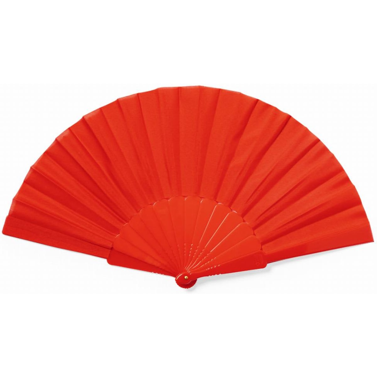A red folding fan with a pleated design and a round handle. It features a simple, elegant style.