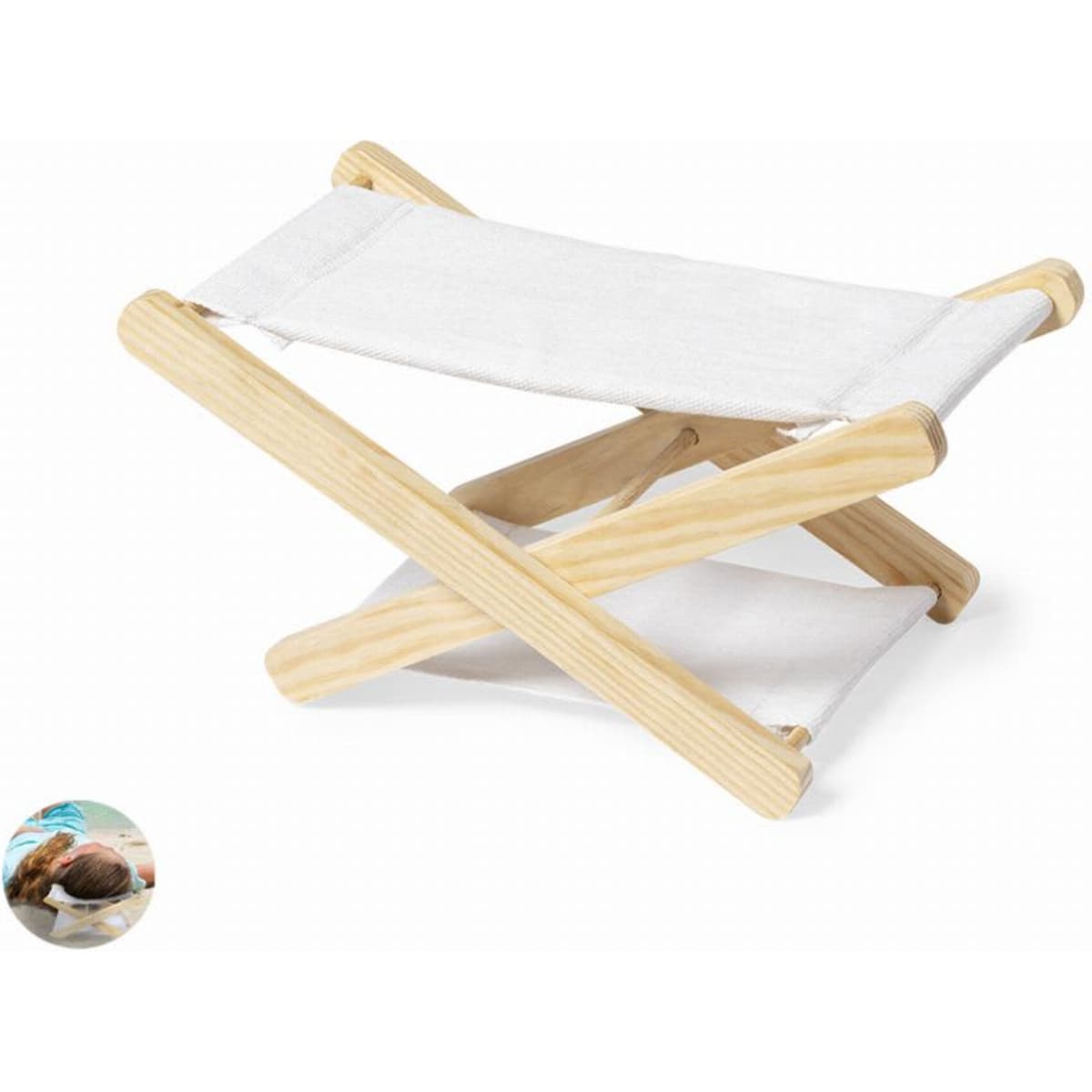 A folding stool with a wooden frame and white fabric seat, featuring a simple, minimalist design.