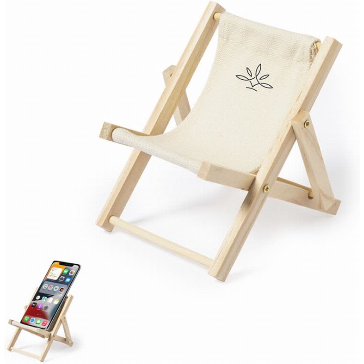 A small wooden chair in light colour with a fabric seat, displaying a simple logo on the backrest.