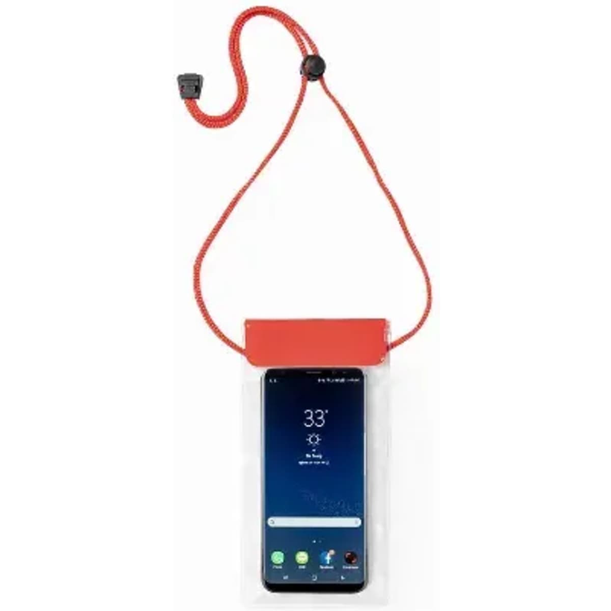 A waterproof phone pouch with a red top and a red lanyard for secure carrying.