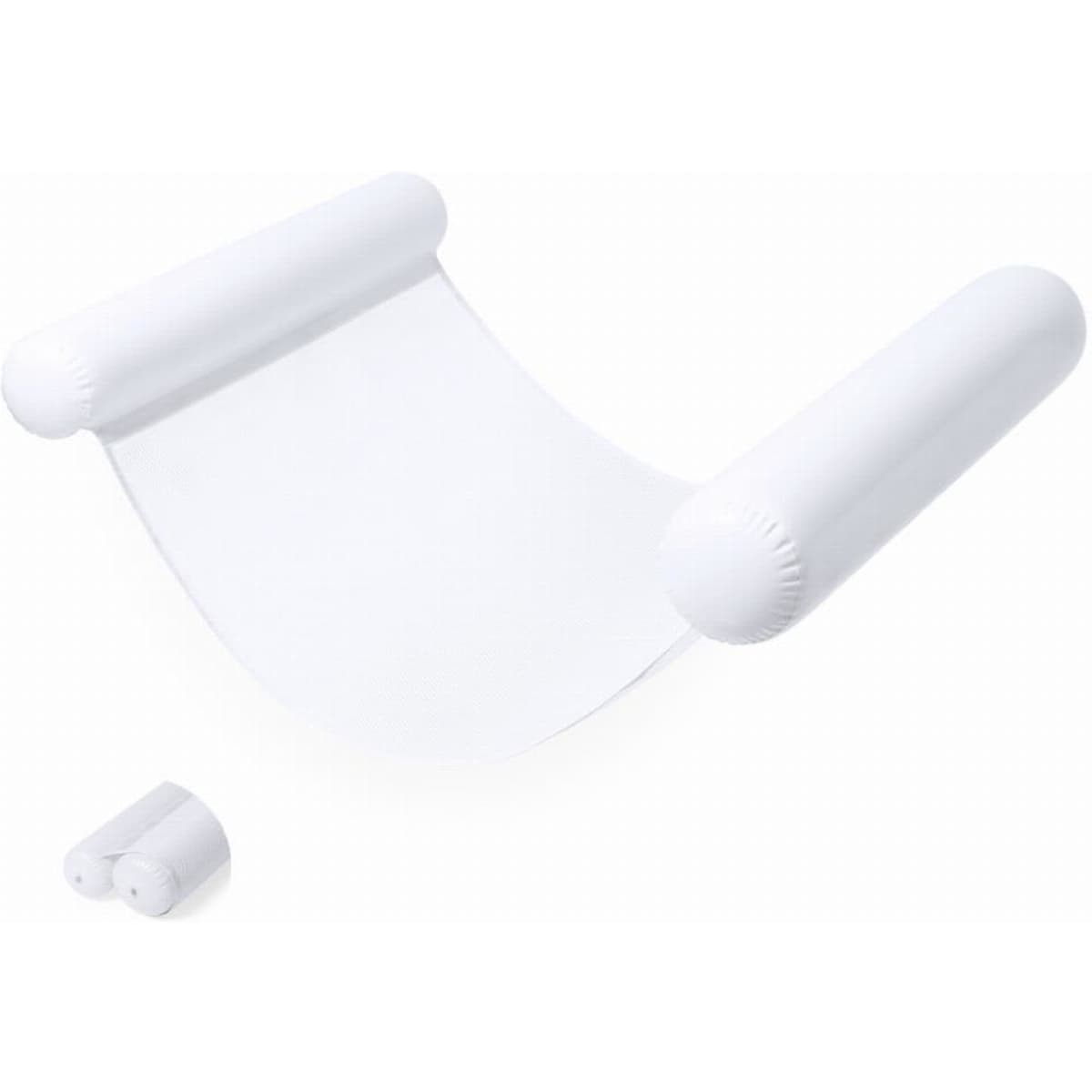 A floating lounge chair in white with inflatable side arms and two small, matching inflatable cushions.