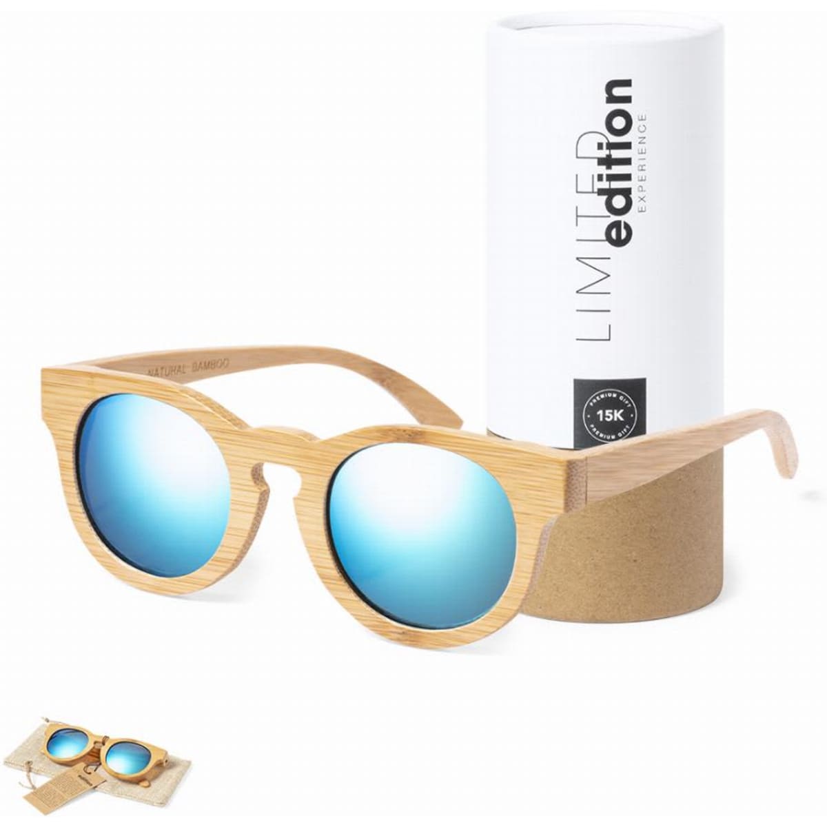 A pair of sunglasses with wooden frames and blue mirrored lenses, accompanied by a cylindrical packaging with a logo.