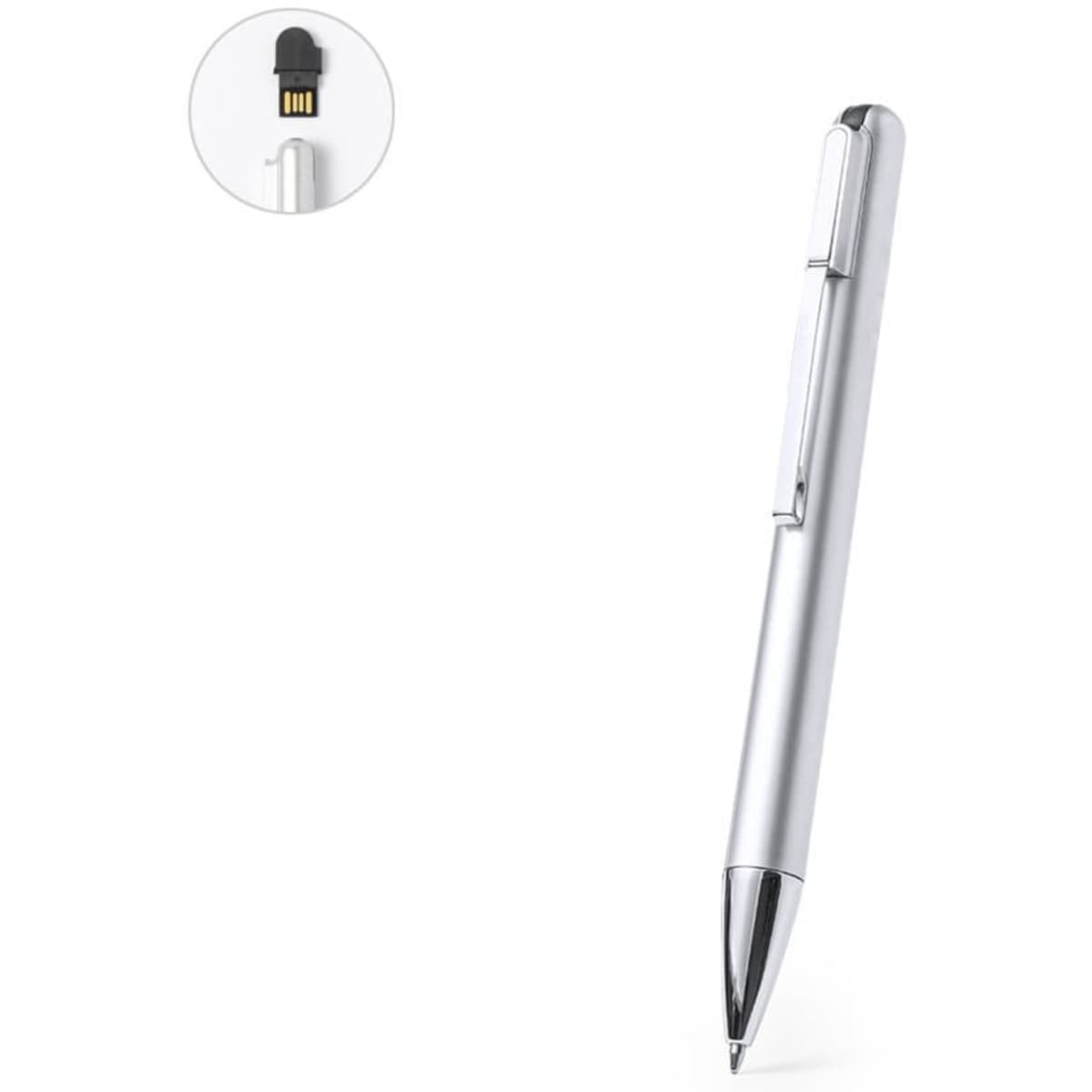 A silver pen with a shiny finish featuring a concealed USB tip and a sleek design.