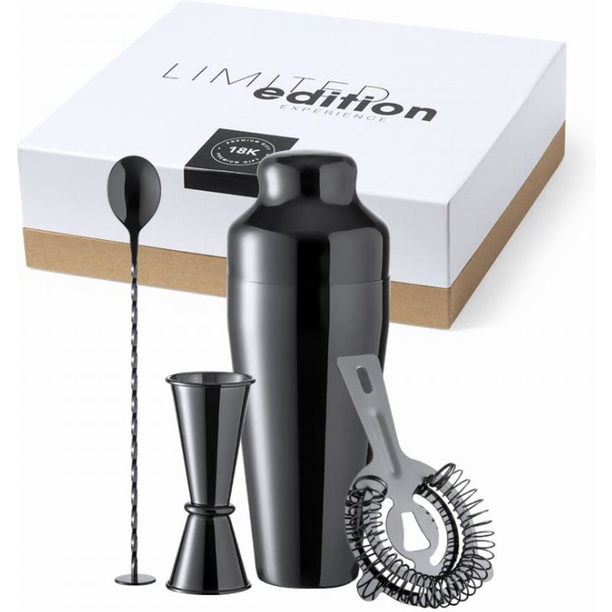 A black cocktail shaker set with a strainer, jigger, and stirring spoon, presented in a box with a logo.