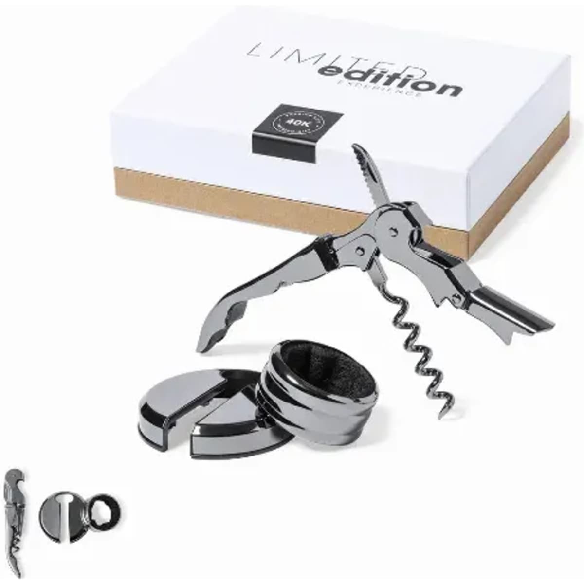 A wine opener set featuring a chrome corkscrew and a bottle stopper, presented in a box with a logo.