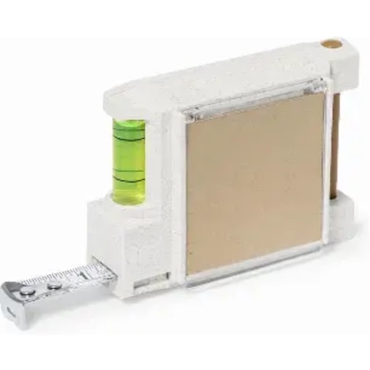 A tape measure with a built-in spirit level, featuring a white casing and a retractable metal tape.