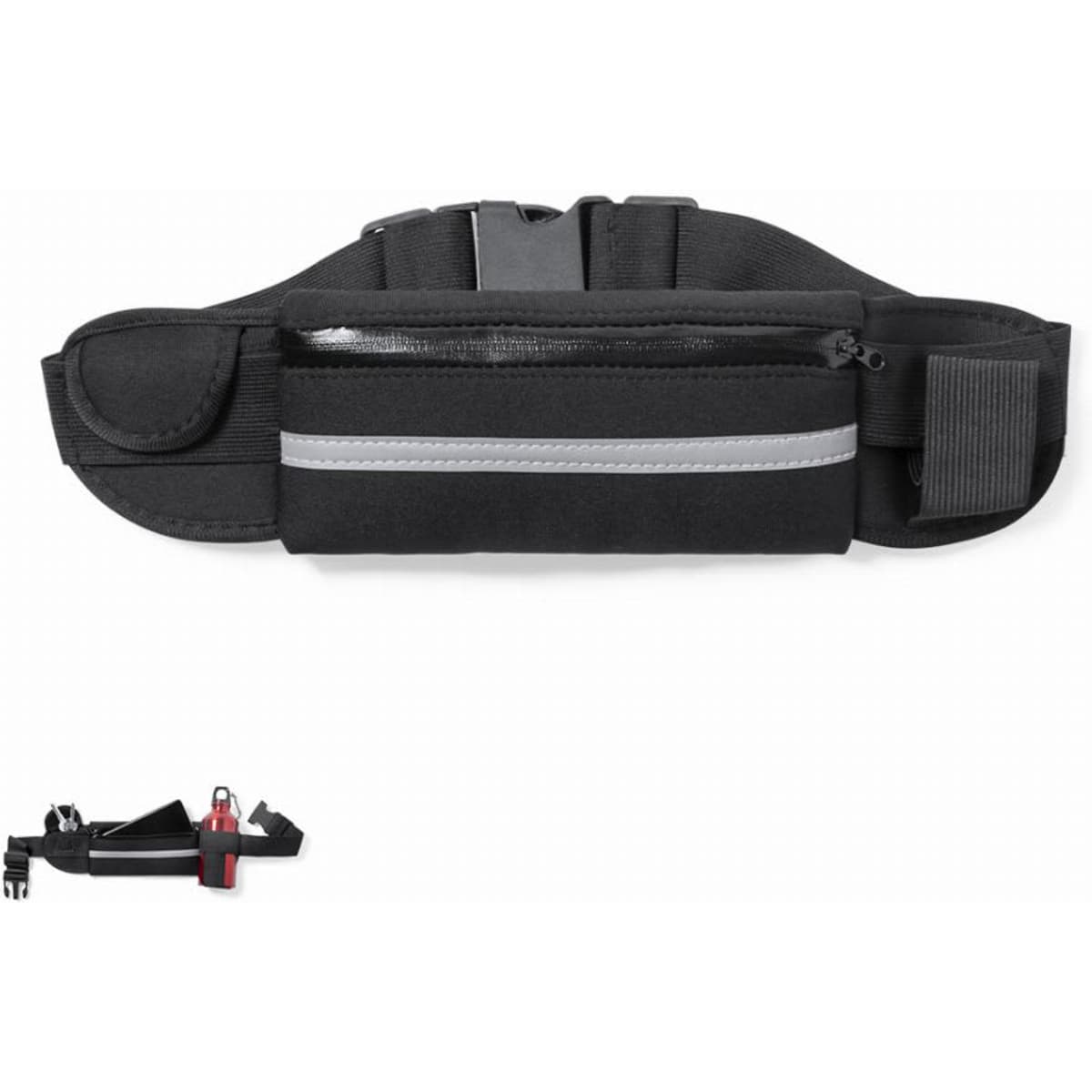 A black waist belt with a zippered pocket and a reflective strip, designed for carrying small items.