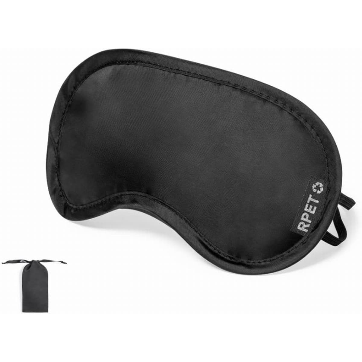 A sleep mask in black with a logo, featuring a contoured shape and adjustable straps.