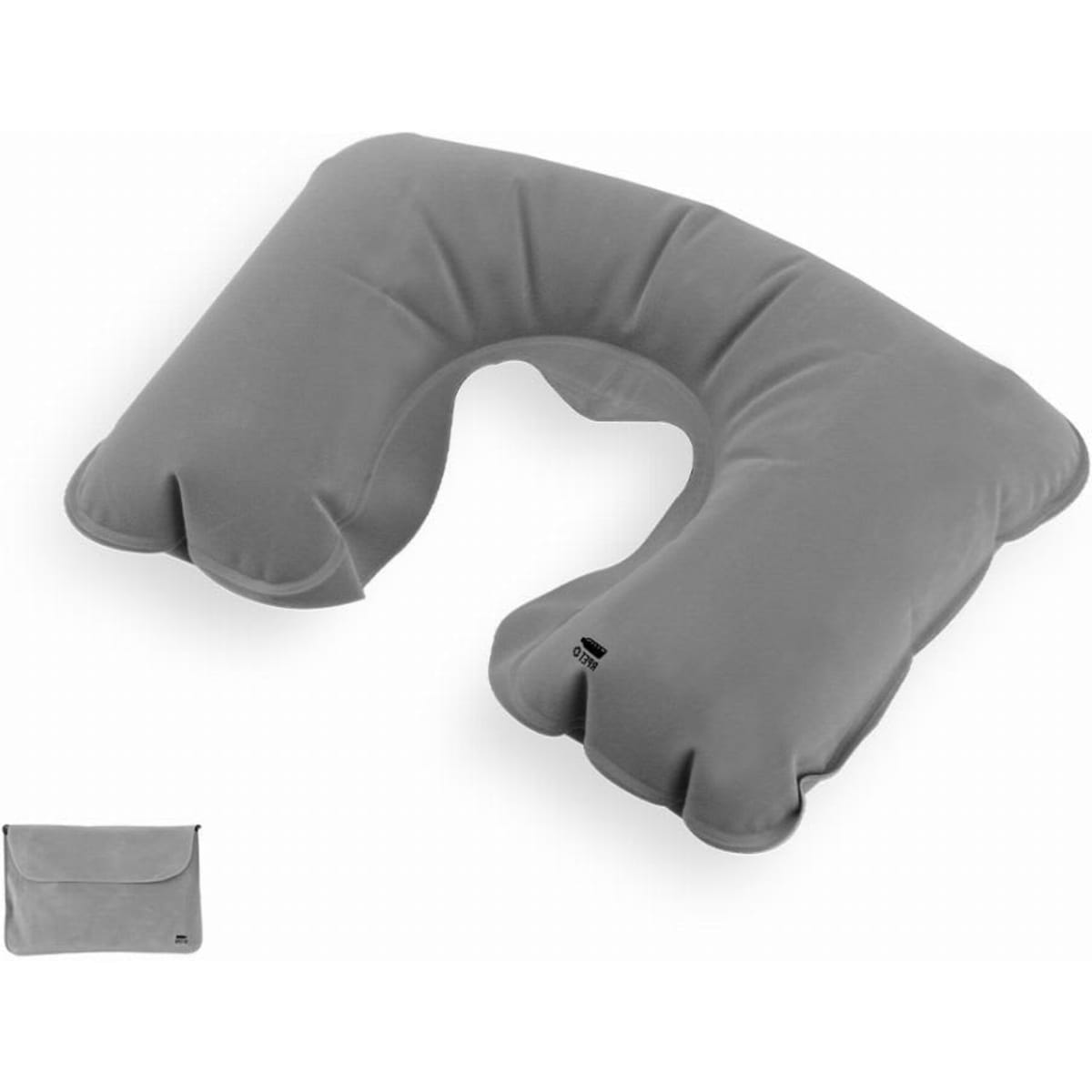 A grey neck pillow with a U-shape design, accompanied by a matching carry bag.