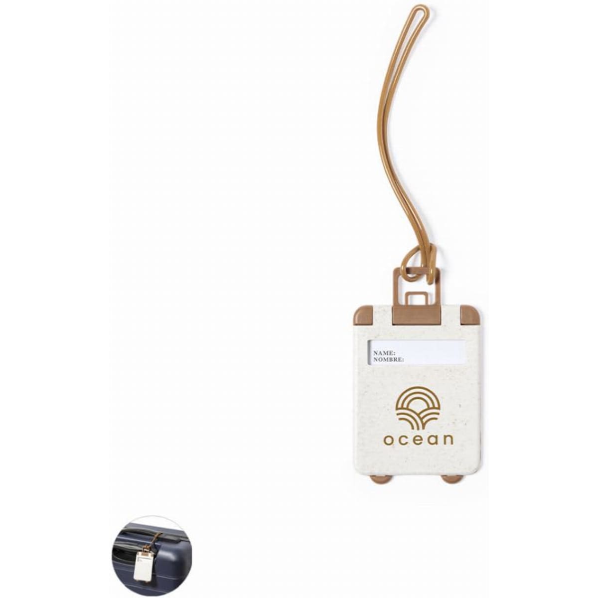 A luggage tag in cream and brown with a logo, featuring a slot for personal information.
