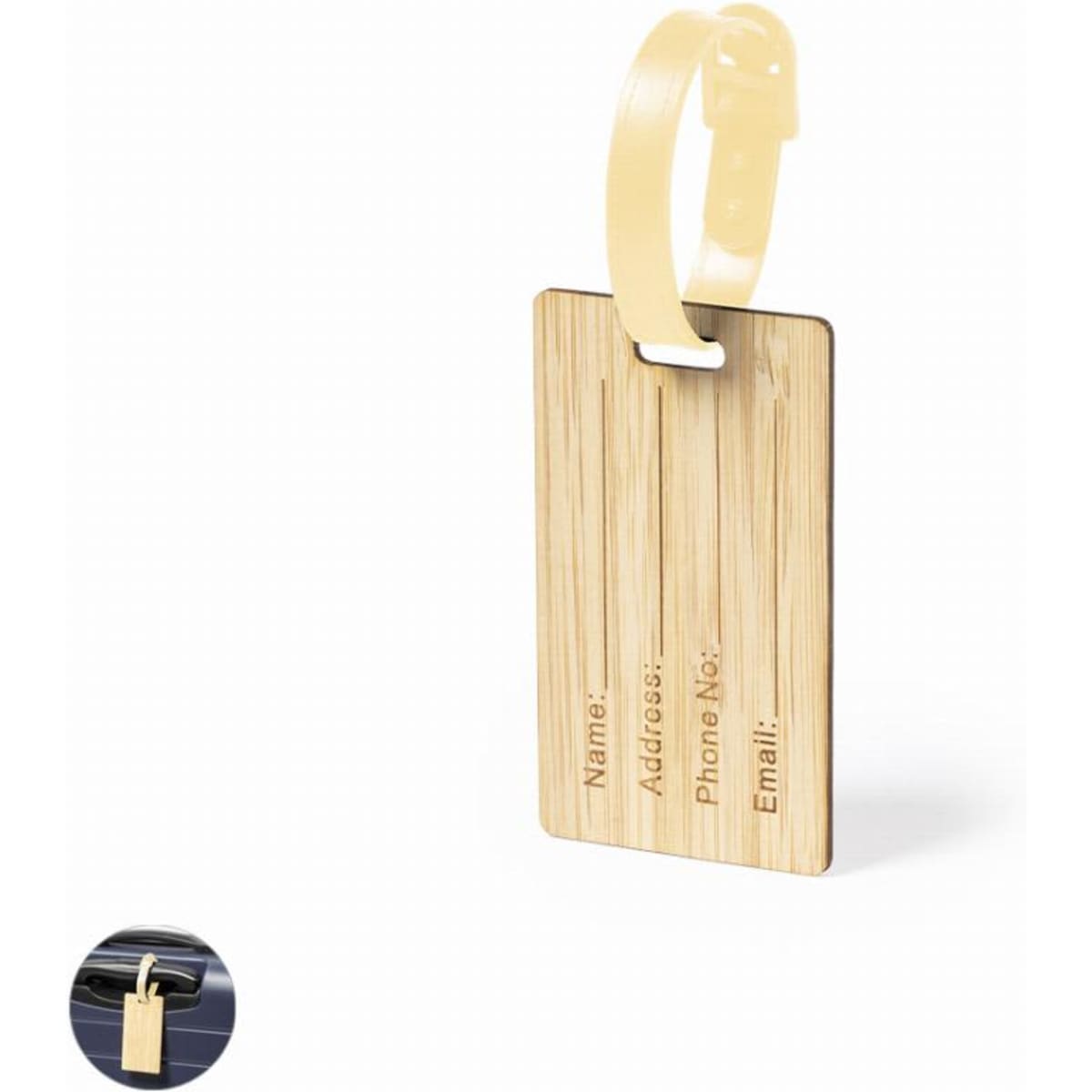 A luggage tag made of bamboo with a yellow strap, featuring spaces for name, address, phone number, and email.