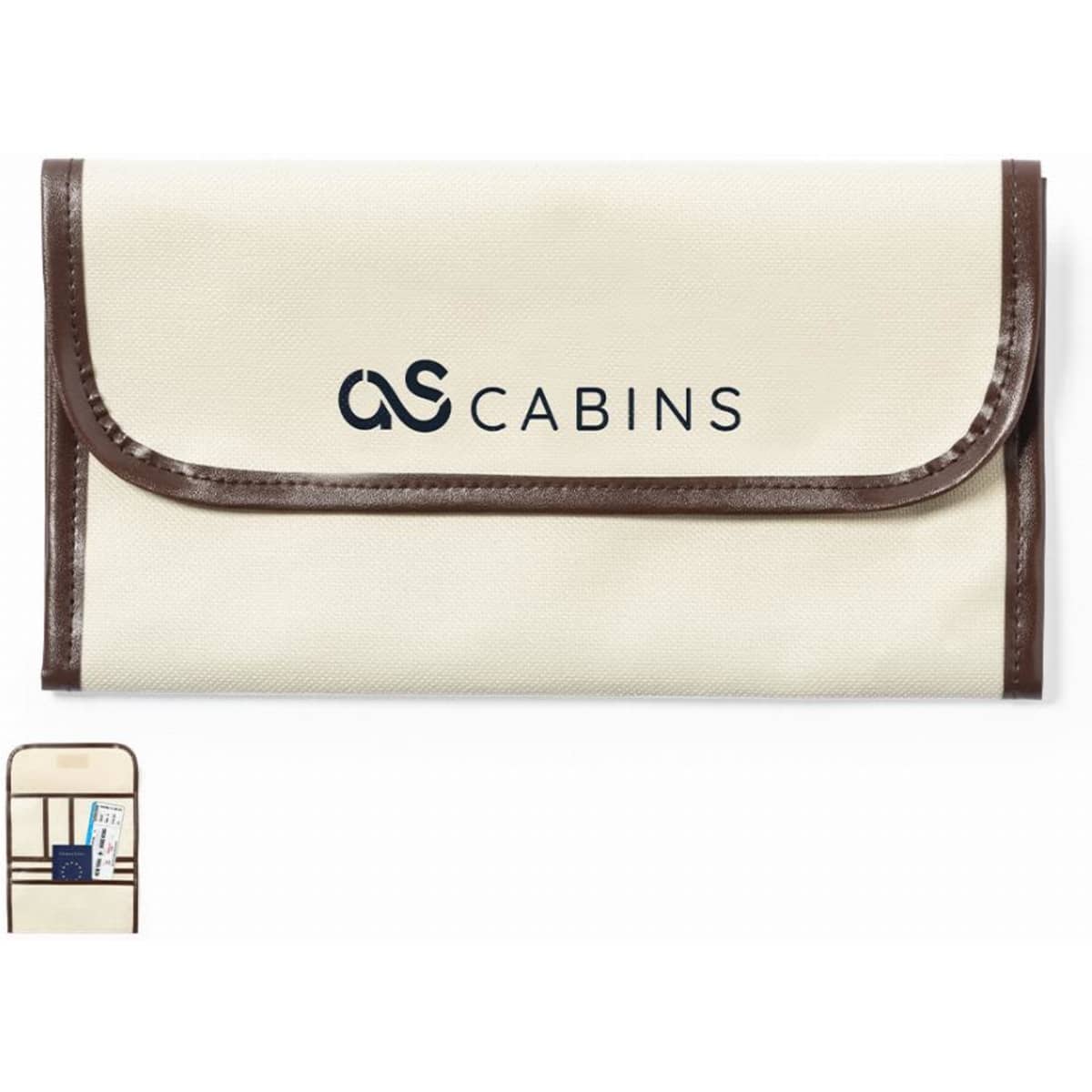A beige travel organiser with brown trim and a logo, featuring multiple pockets for storage.