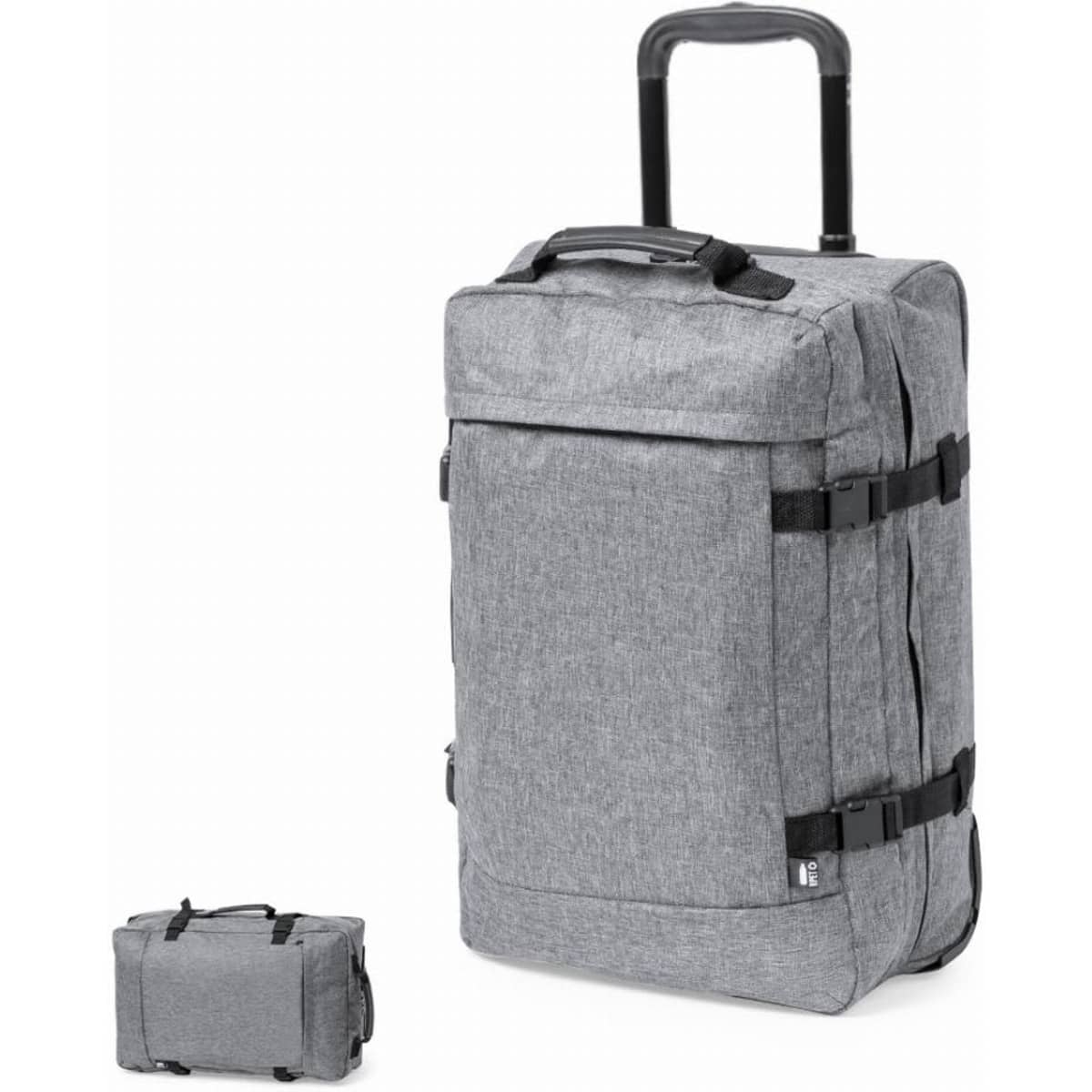 A grey backpack with a rolling handle and adjustable straps, featuring a compact folded version beside it.