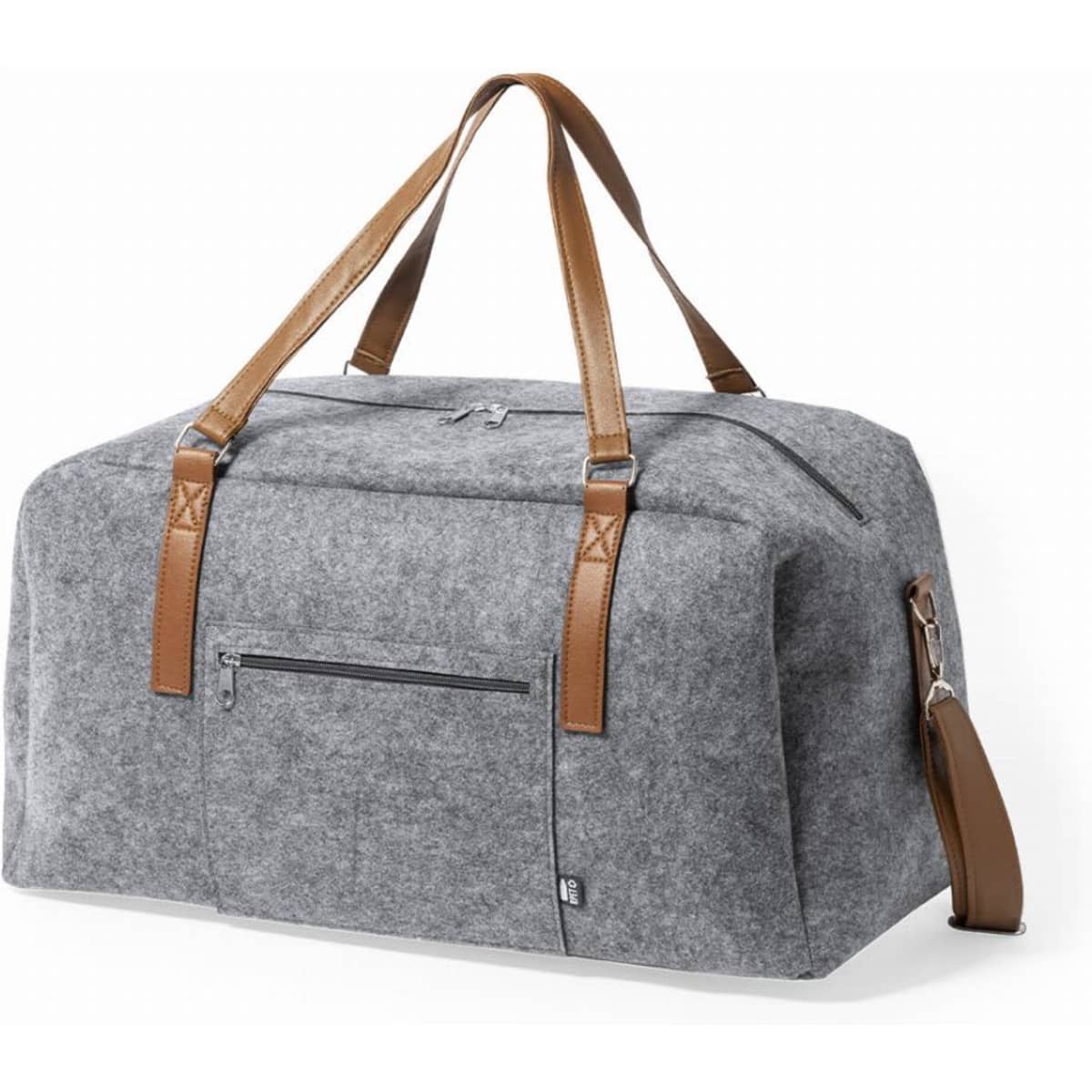 A grey duffel bag with brown leather straps, featuring a zippered compartment and a front pocket.