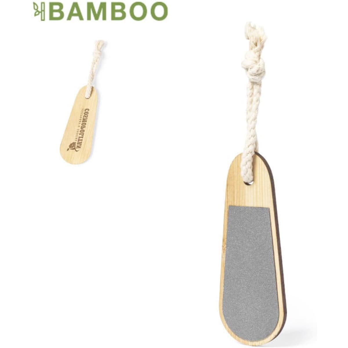 A bamboo slip with a textured grey surface, featuring a natural rope attachment and logo branding.