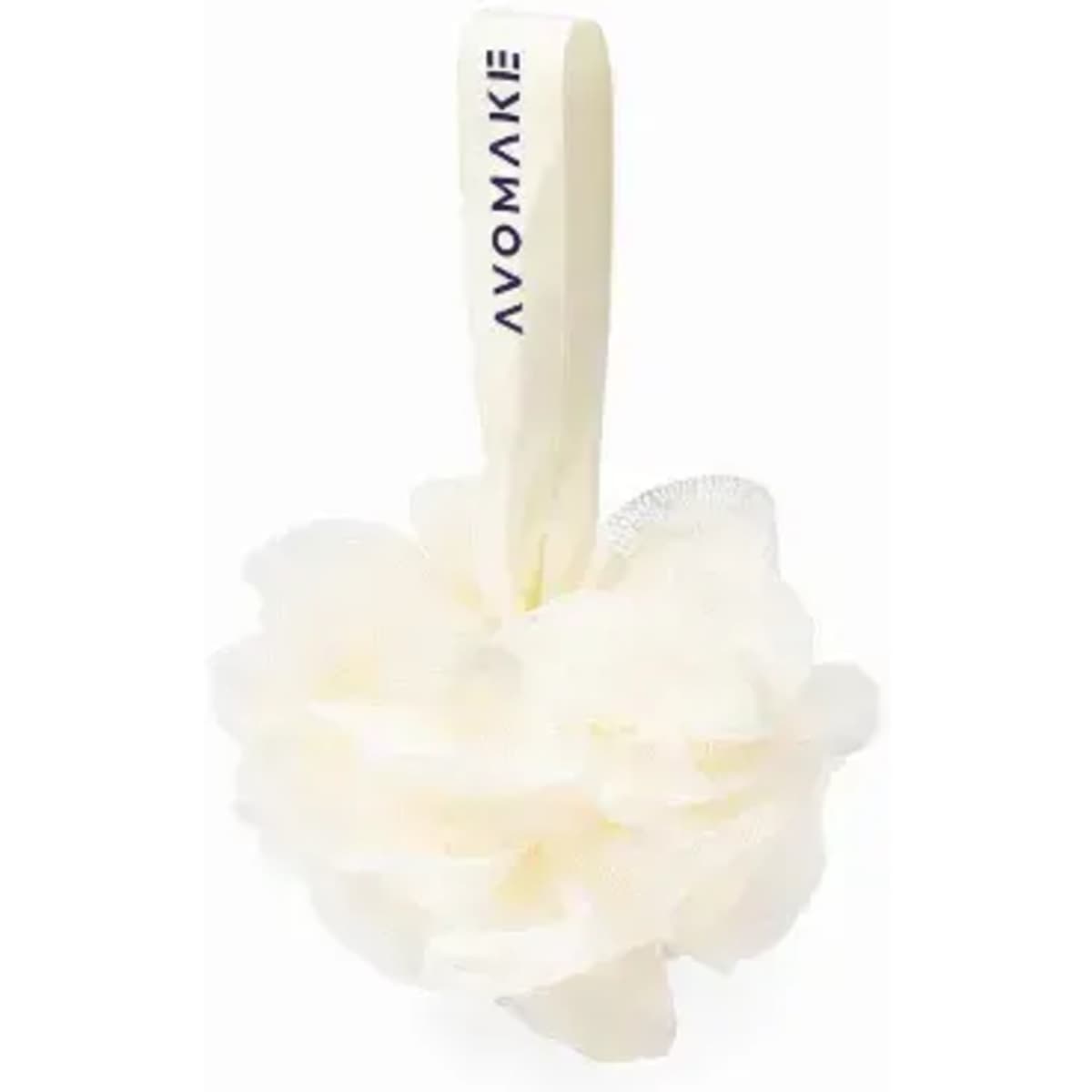 A shower loofah in soft white with a fabric hanging strap featuring a logo.