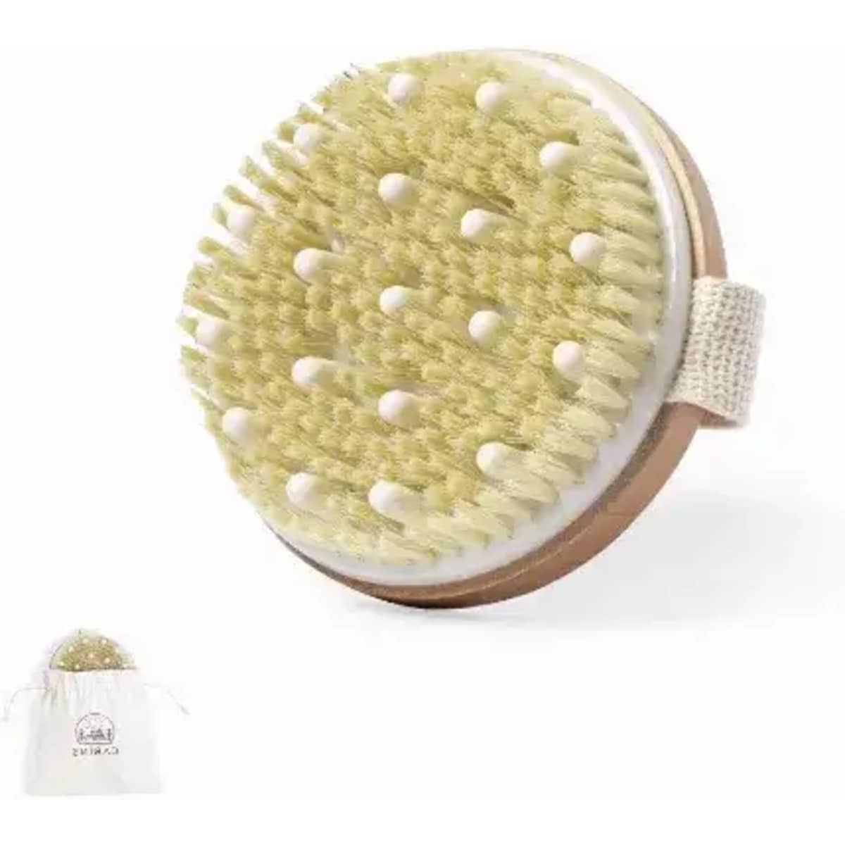 A round body brush with natural bristles, featuring a wooden base and a fabric handle, alongside a small drawstring bag.