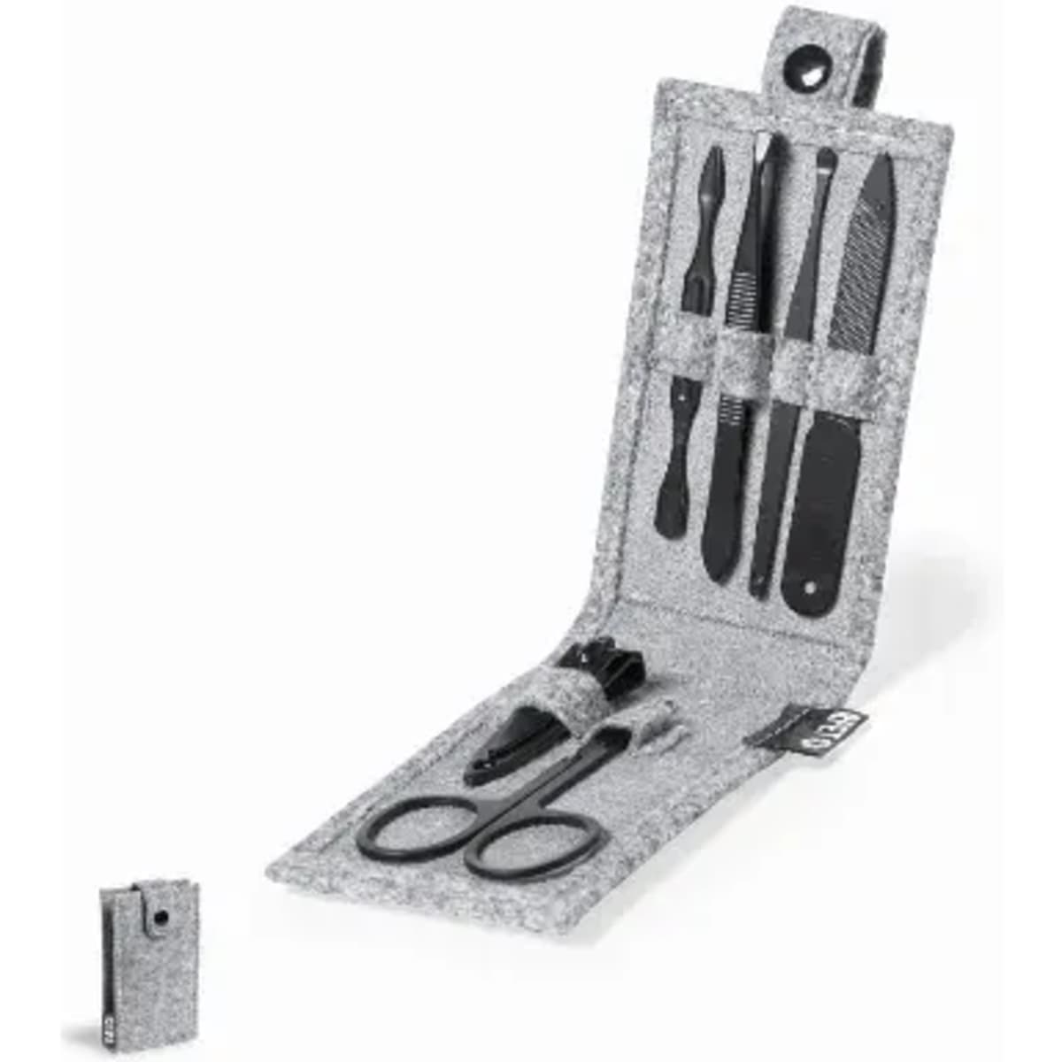 A grooming kit featuring various tools, including scissors, tweezers, and a nail file, in a grey case.