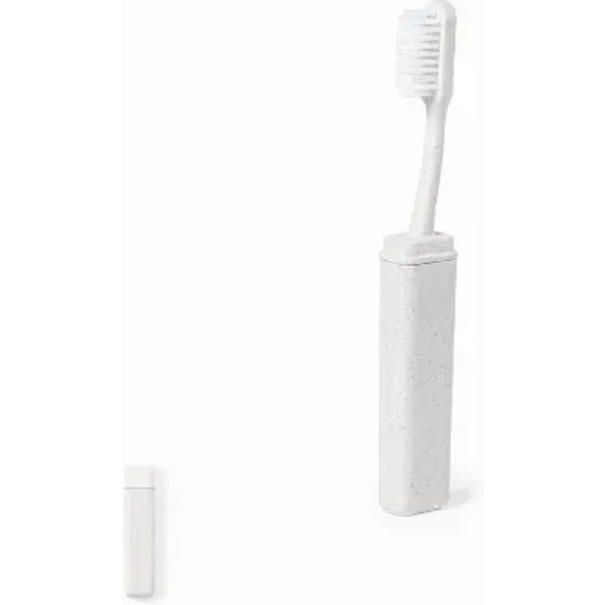 A travel toothbrush in a white case, featuring a bristle head and a slim, compact design.