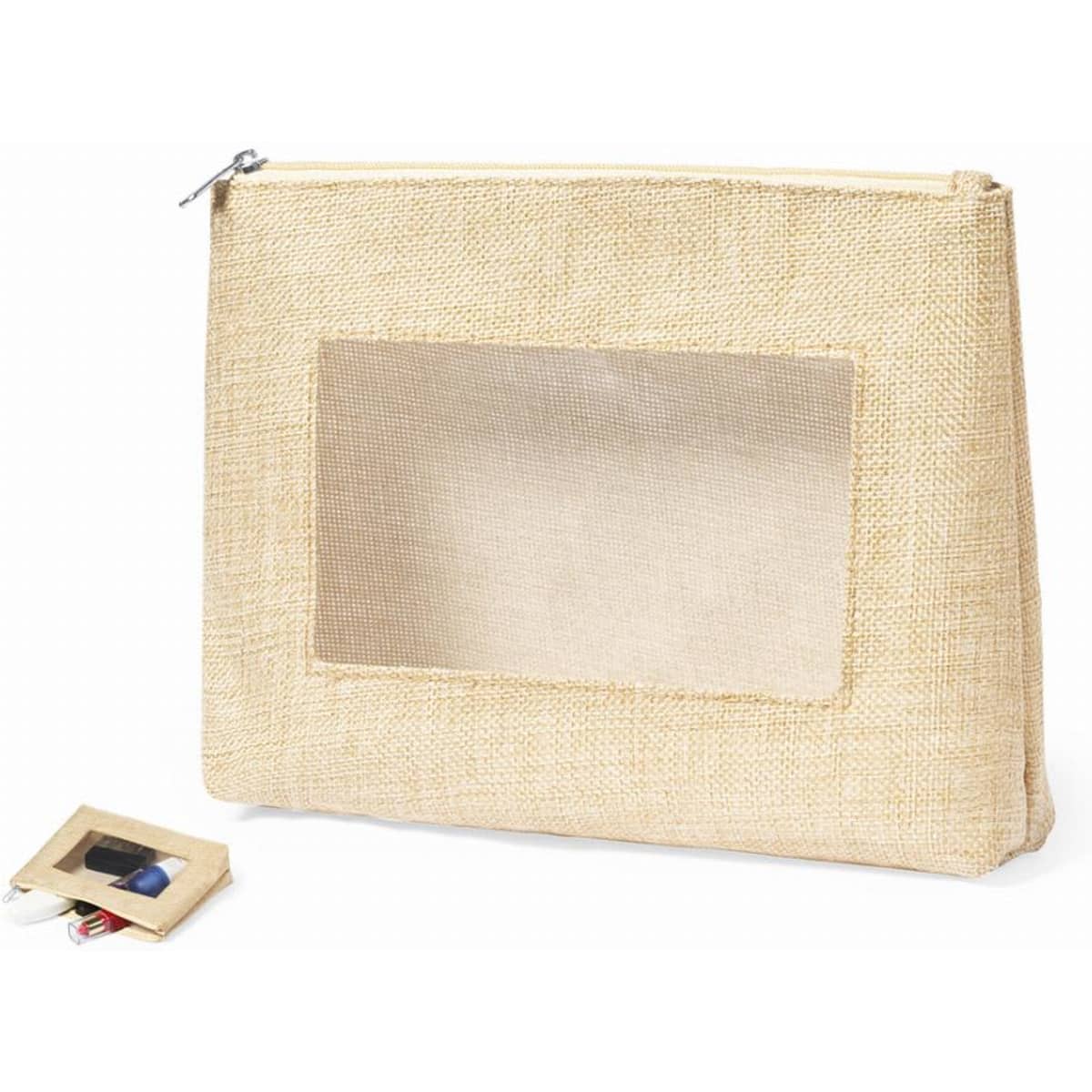 A natural jute pouch with a transparent window and a small accessory box beside it.