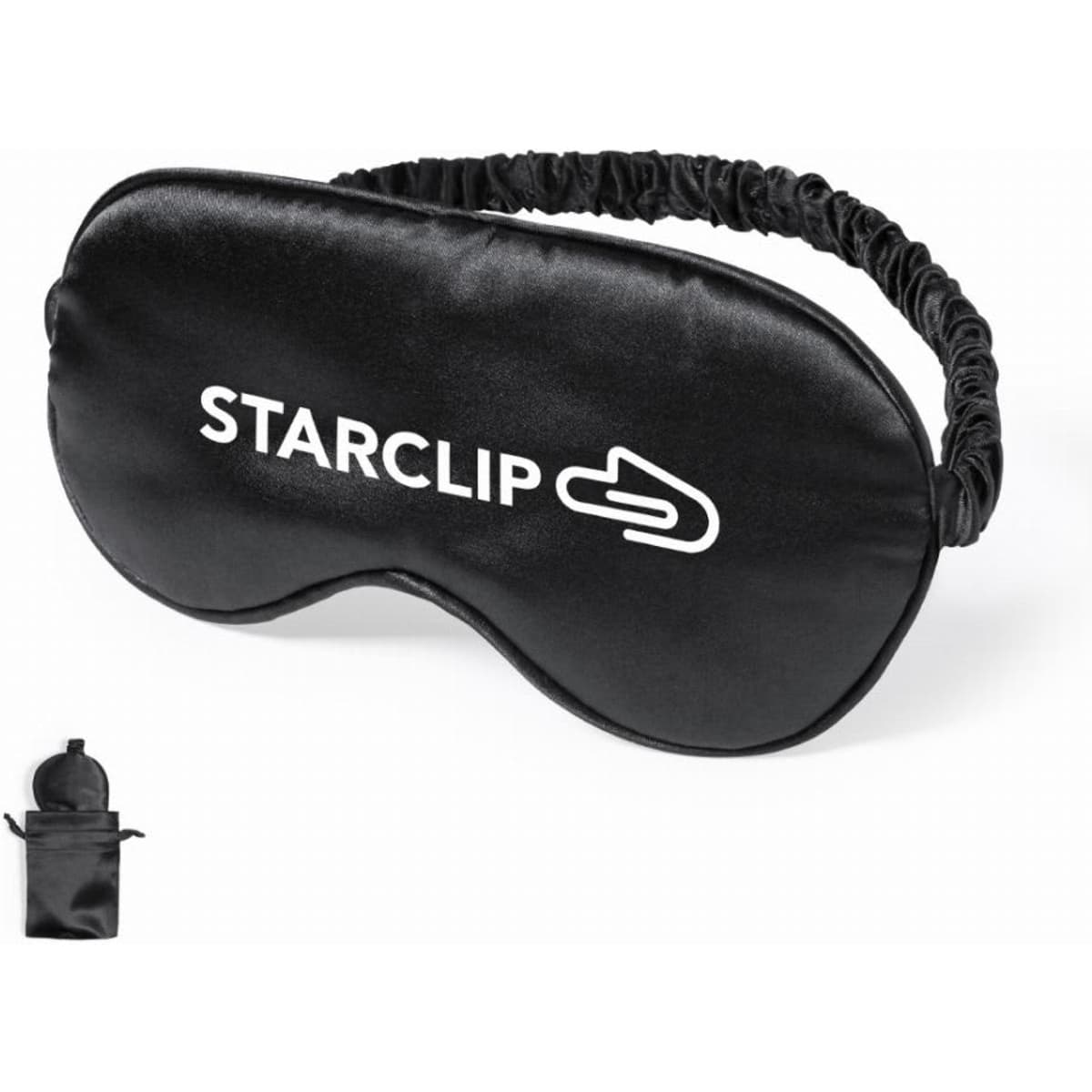 A sleep mask in black fabric with an adjustable strap and a logo. Includes a small pouch for storage.