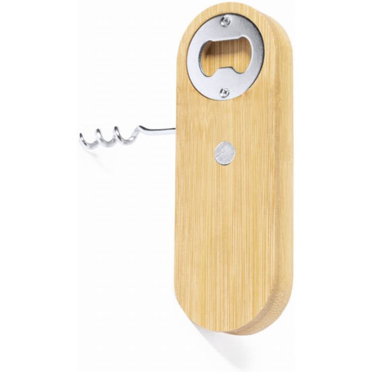 A corkscrew and bottle opener tool made from bamboo, featuring a metal bottle opener and spiral corkscrew.