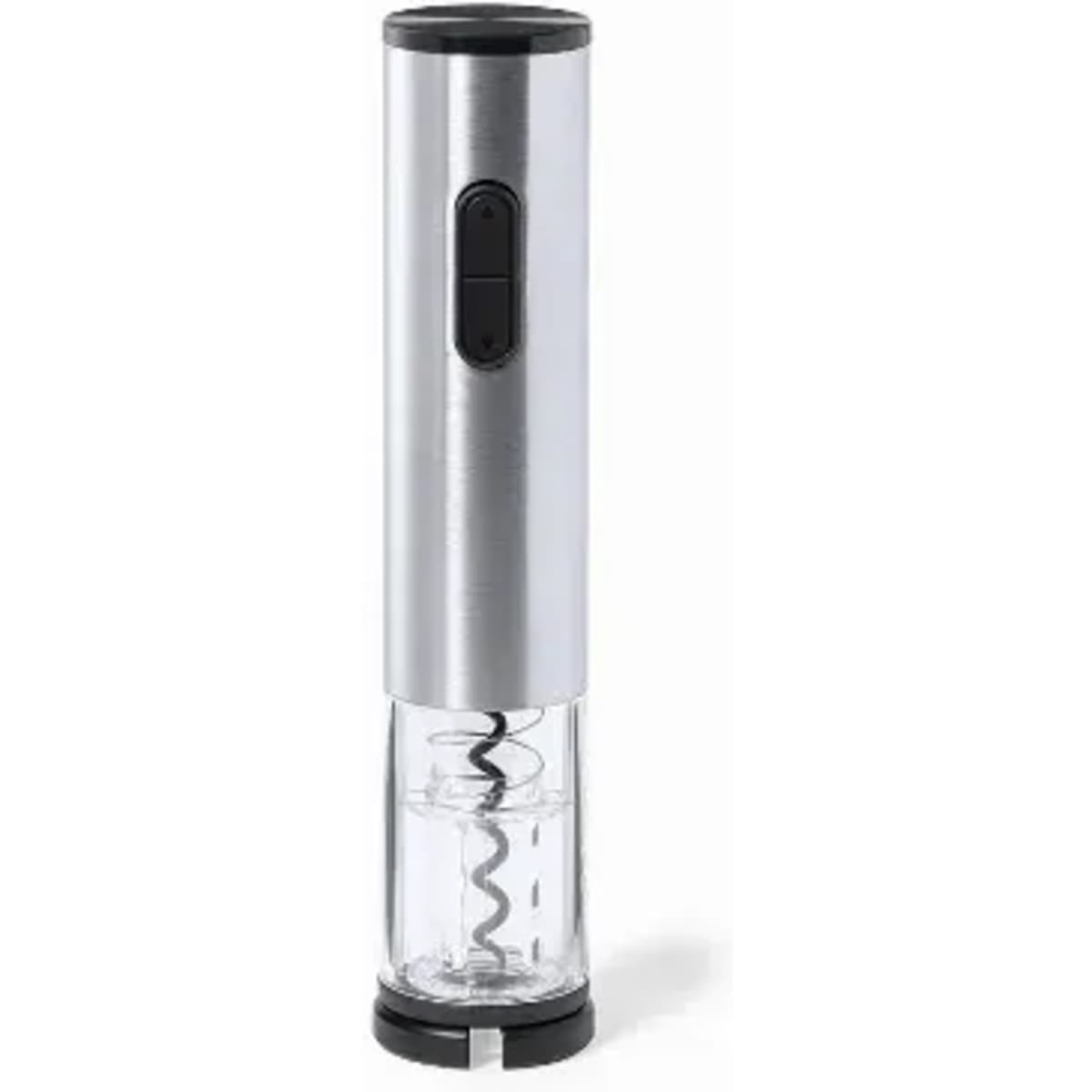 A drink bottle in silver and clear, featuring a corkscrew mechanism and a logo on the body.