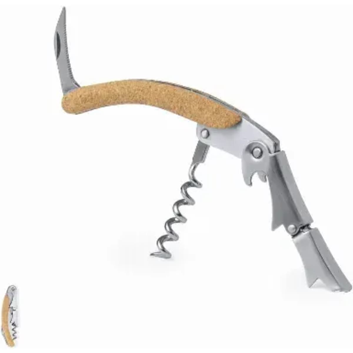 A corkscrew tool with a cork handle, featuring a stainless steel blade and spiral corkscrew.