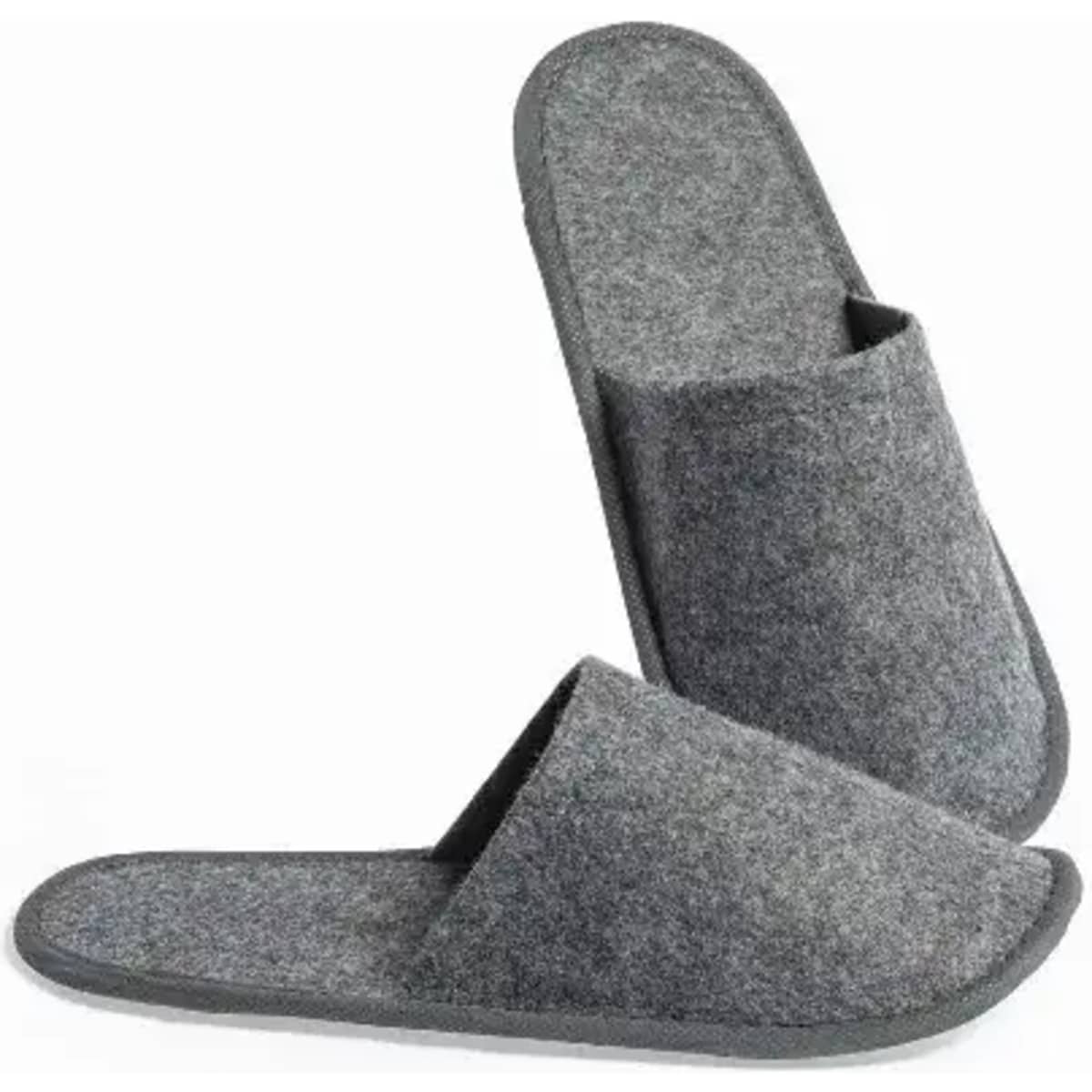 A pair of grey felt slippers with an open design and a pocket on one side.