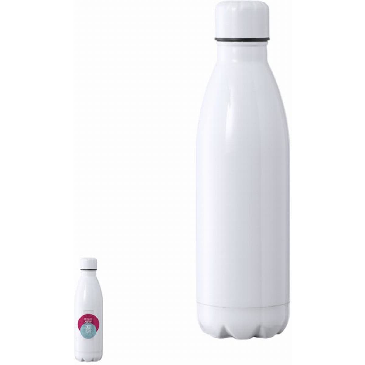 A drink bottle featuring a sleek white design with a contrasting top and a small logo.