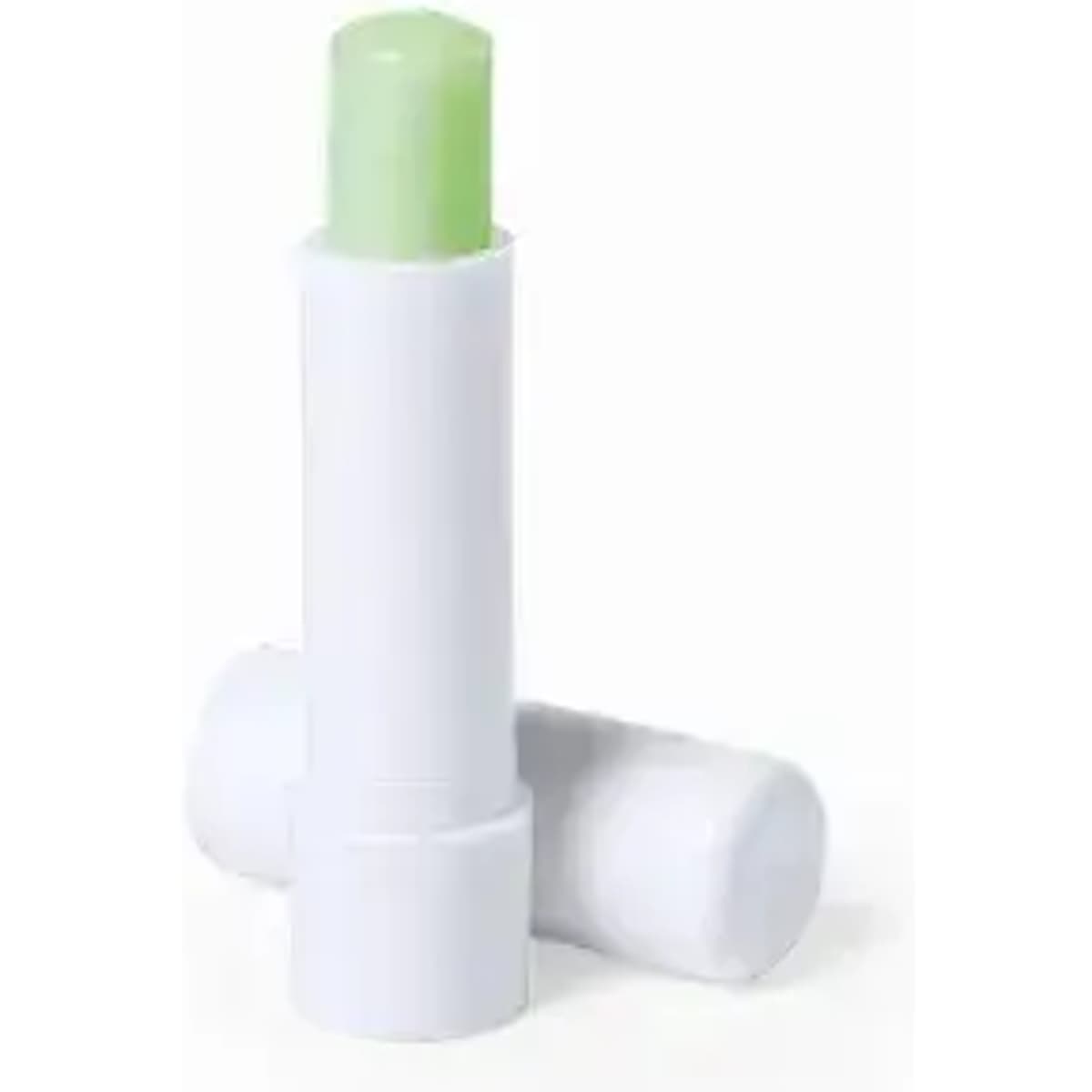 A green lip balm in a white tube, featuring a logo on the packaging.