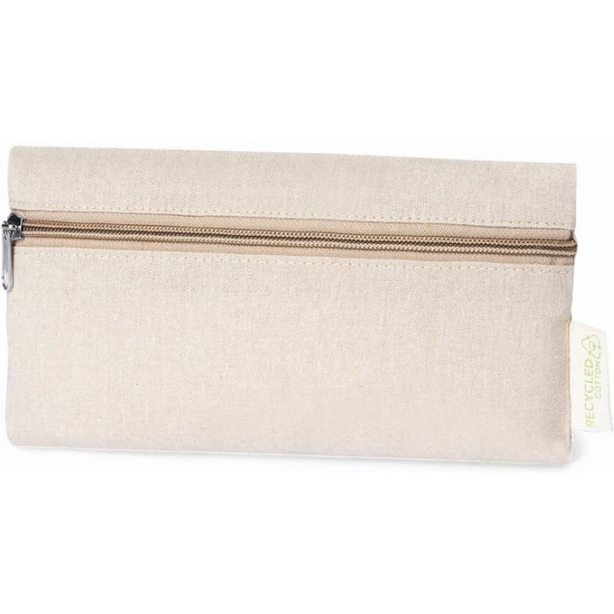 A beige pencil case with a zip closure and a simple design, featuring a small branding label.