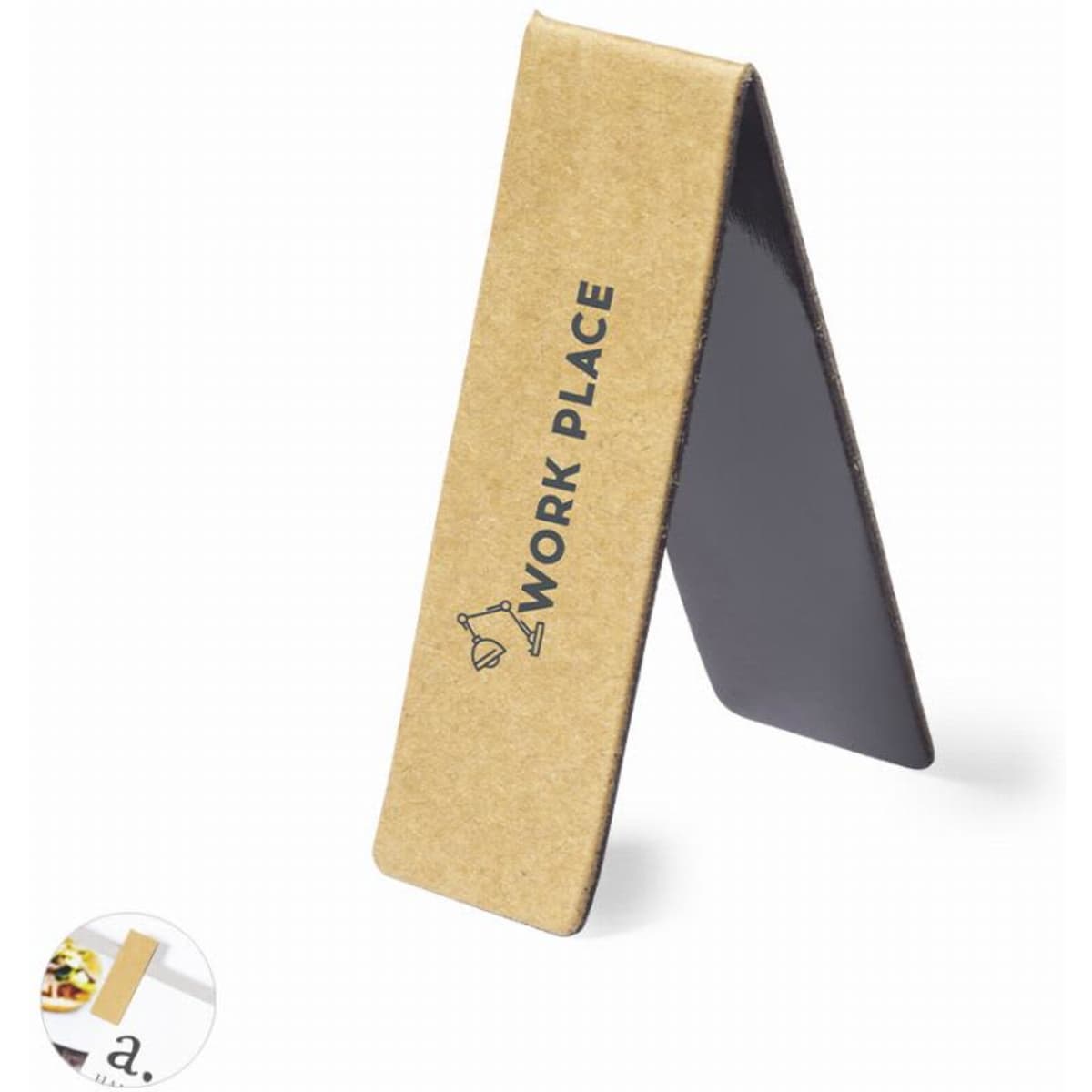 A promotional sign holder made of brown cardboard with a black surface and a logo.
