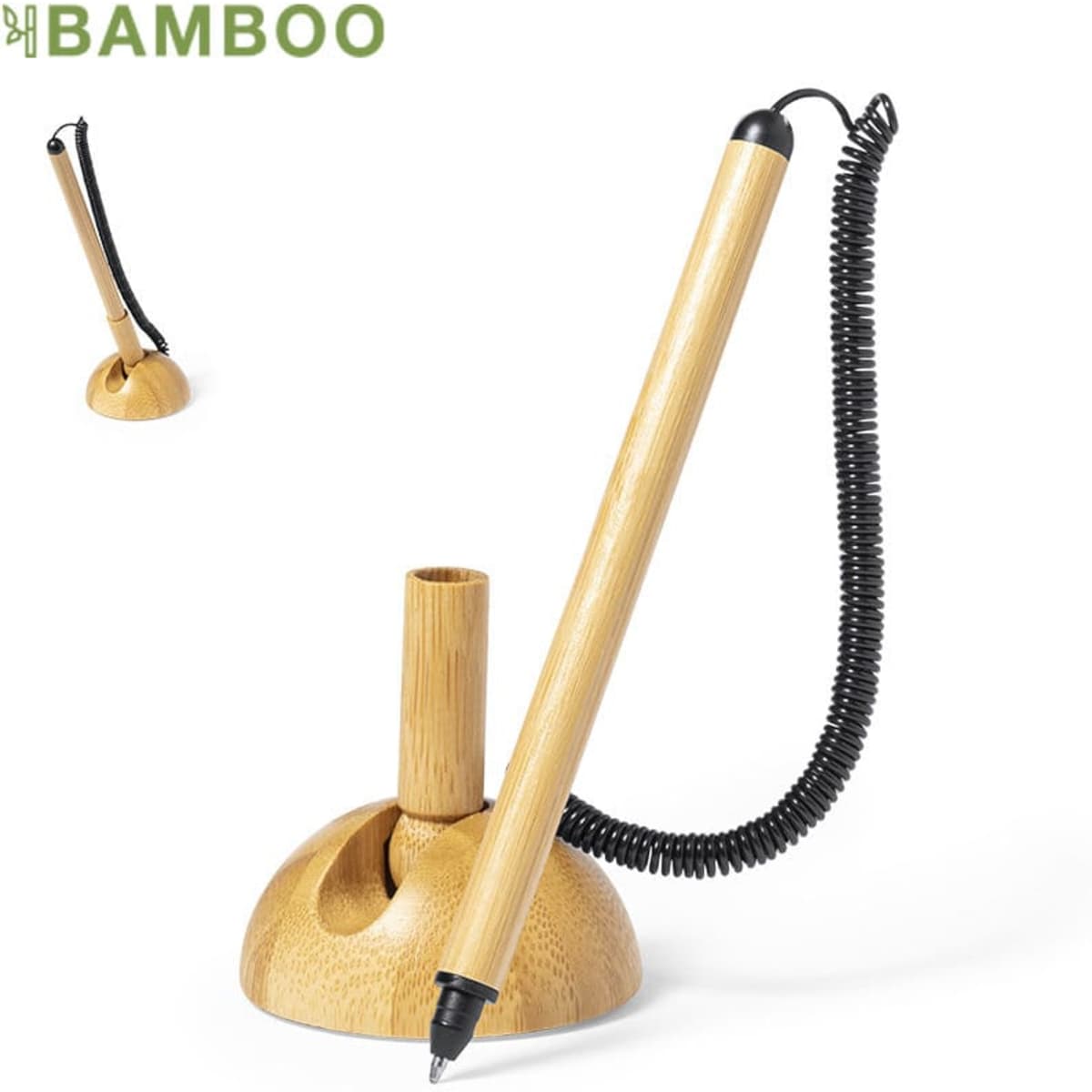A bamboo pen holder with a pen attached by a coiled cord, featuring natural wood tones.