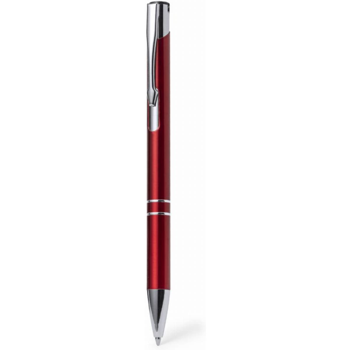A red pen with a chrome accent, featuring a sleek design and a shiny finish. It has a clip and a smooth tip.