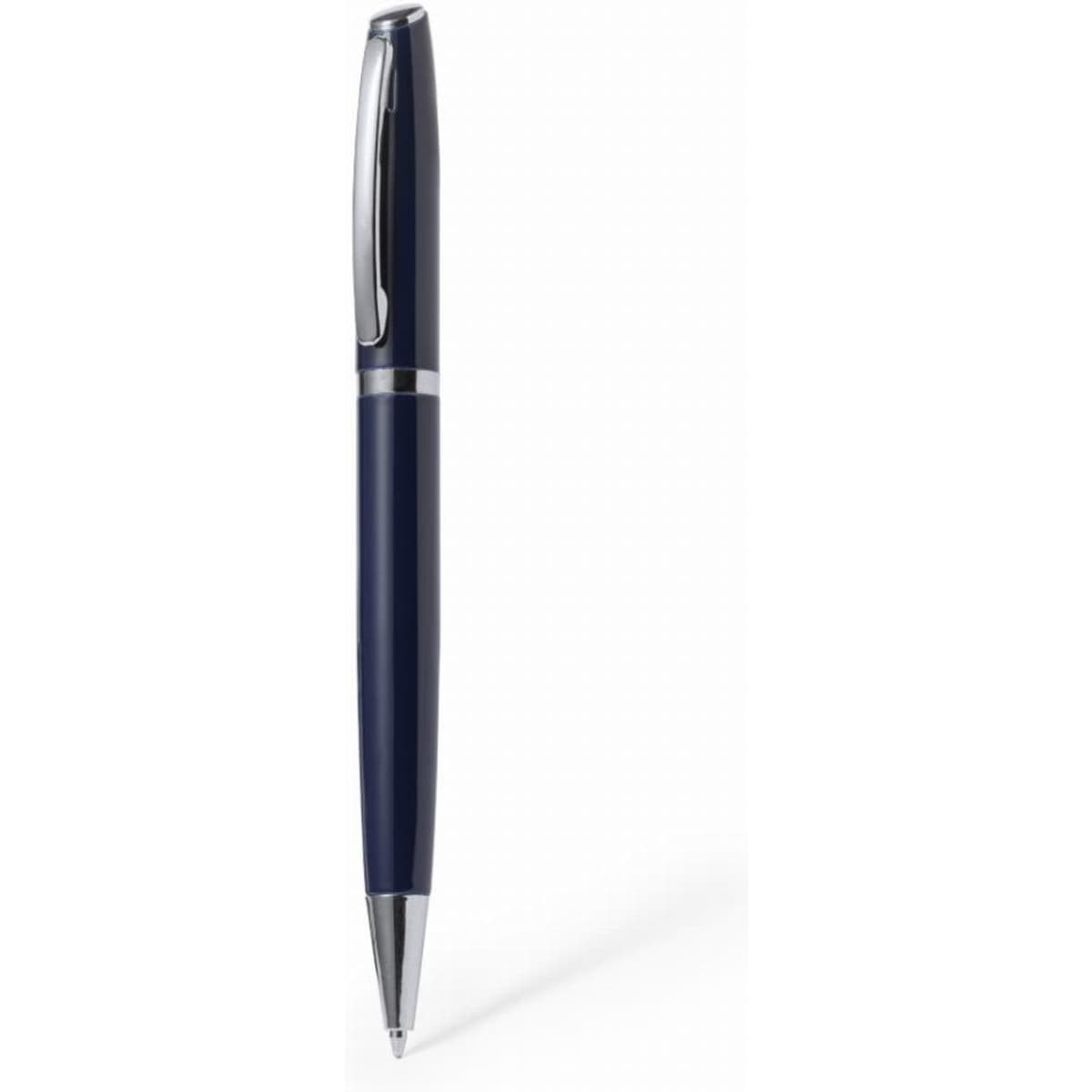 A pen in navy blue with a silver clip and detail, featuring a sleek, tapered design.
