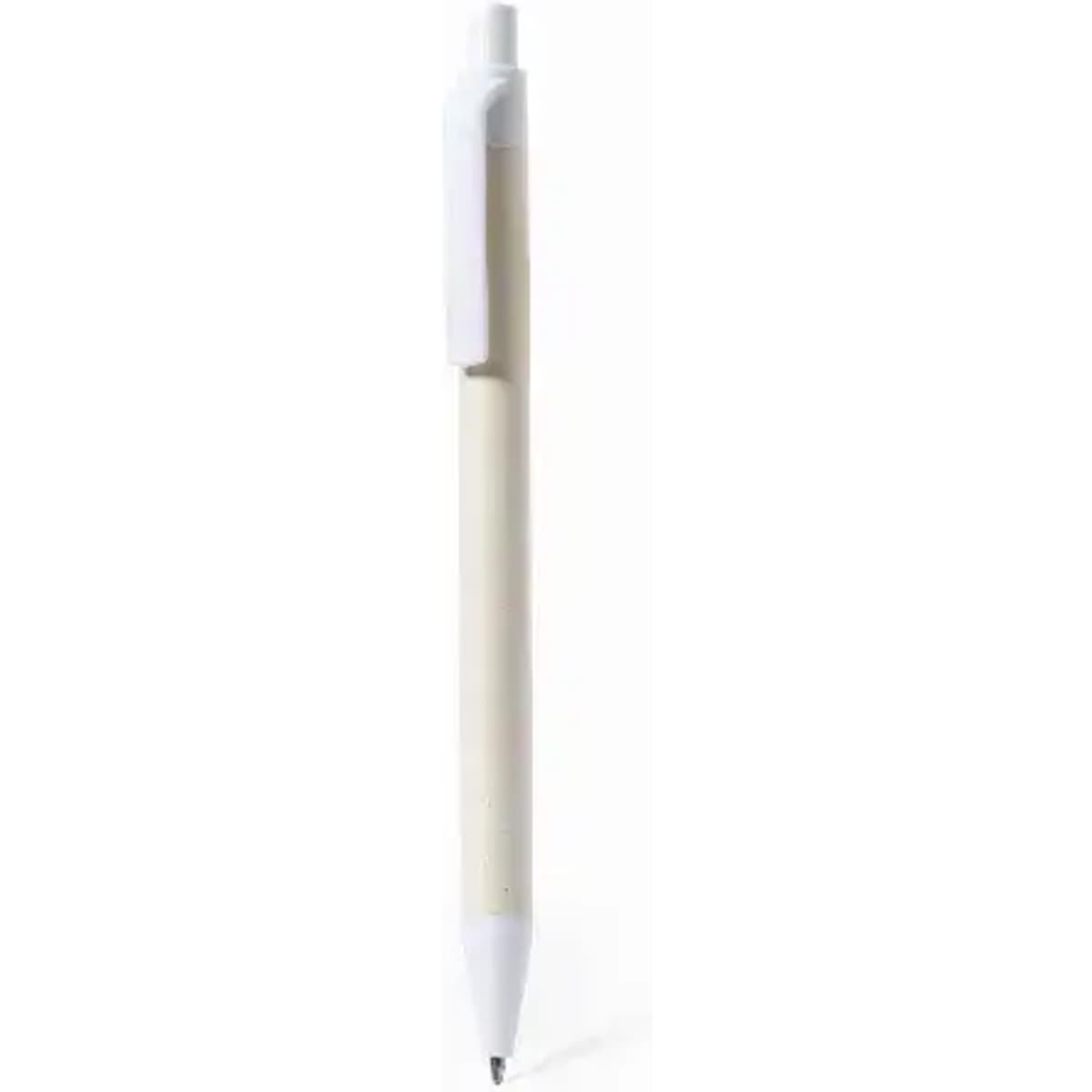 A pen with a white barrel and clip, featuring a black writing tip. The pen has a simple, minimalist design.