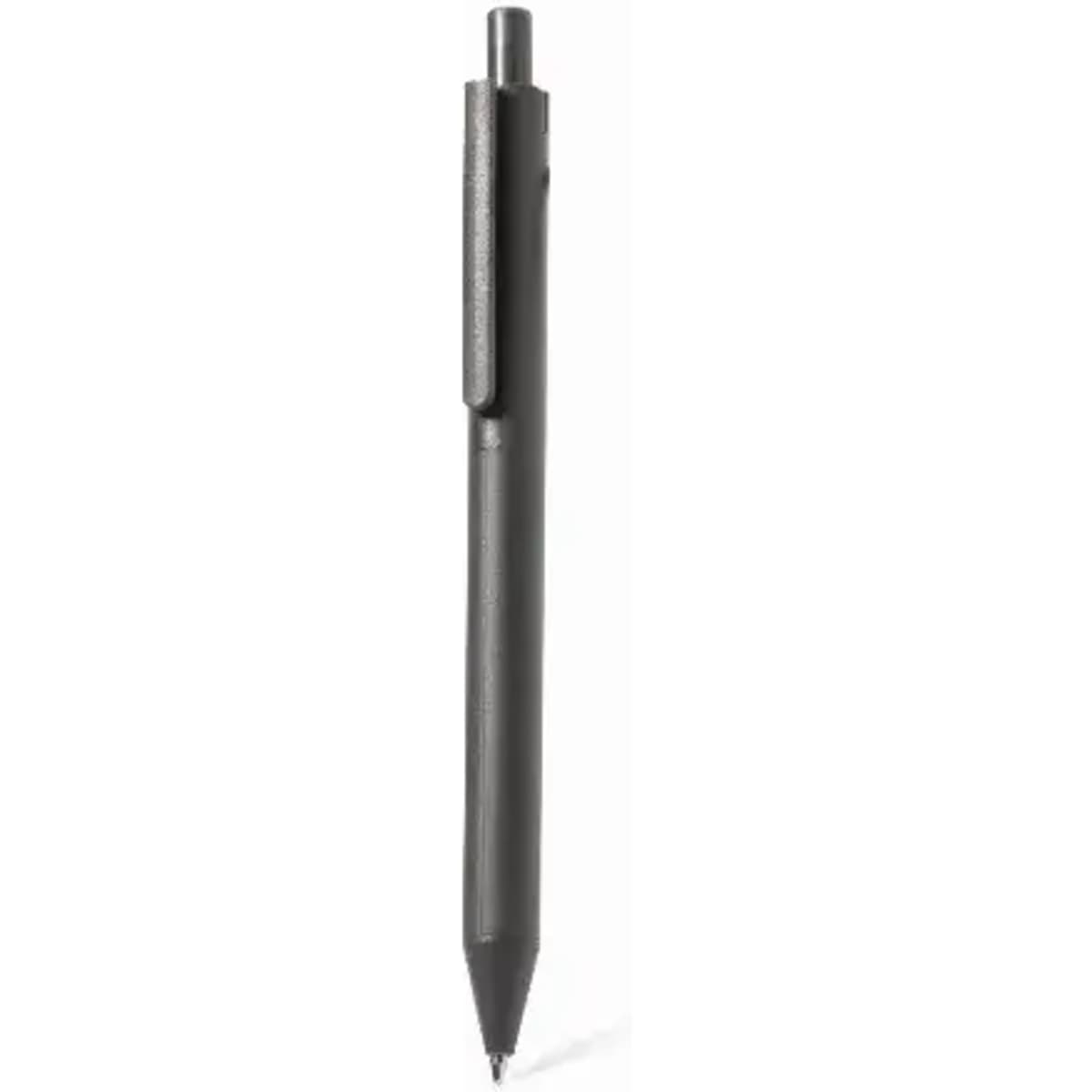 A black pen with a clip, featuring a sleek design and a fine writing tip. It has a branding logo on the barrel.
