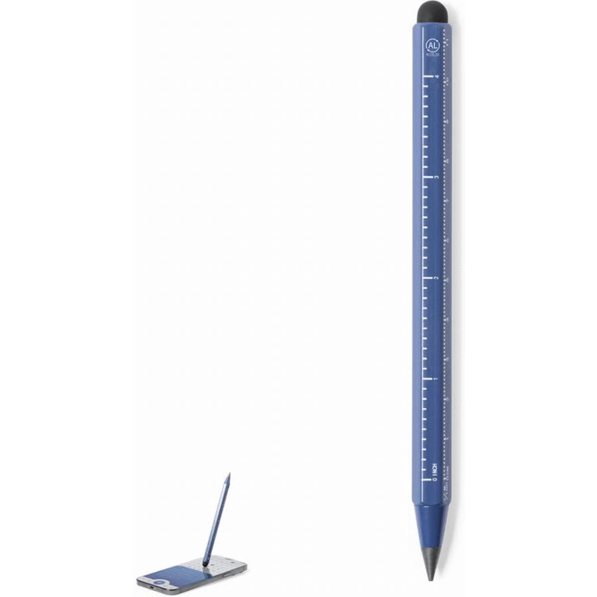 A blue multi-functional pen with a ruler, featuring a sleek design and a logo. A black notebook is partially visible.