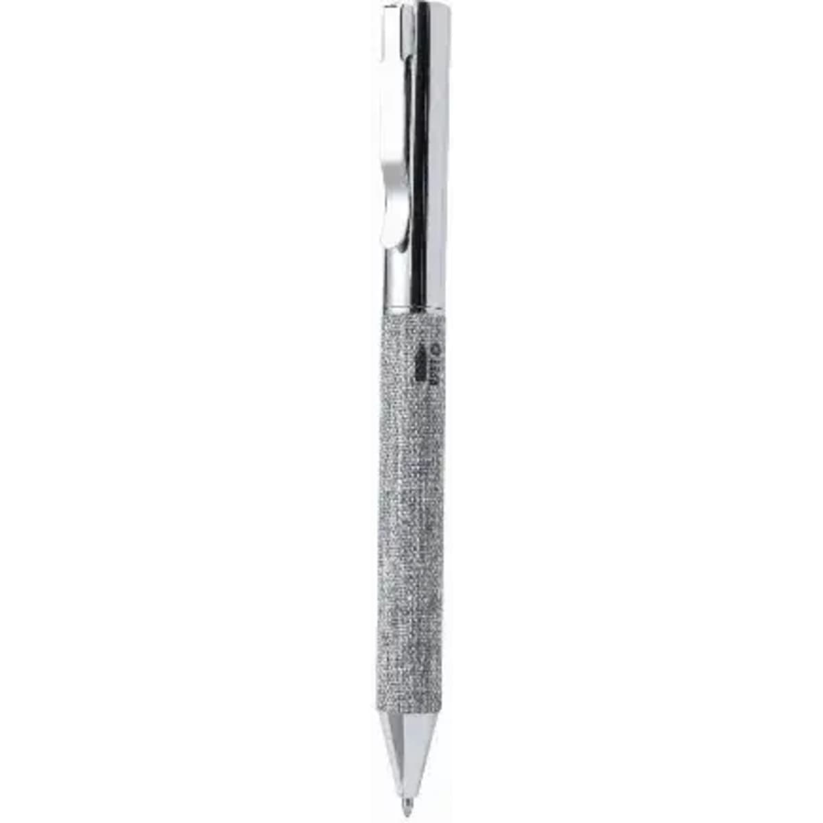 A pen with a silver clip and a textured grey barrel, featuring a chrome tip. It has a logo on its surface.
