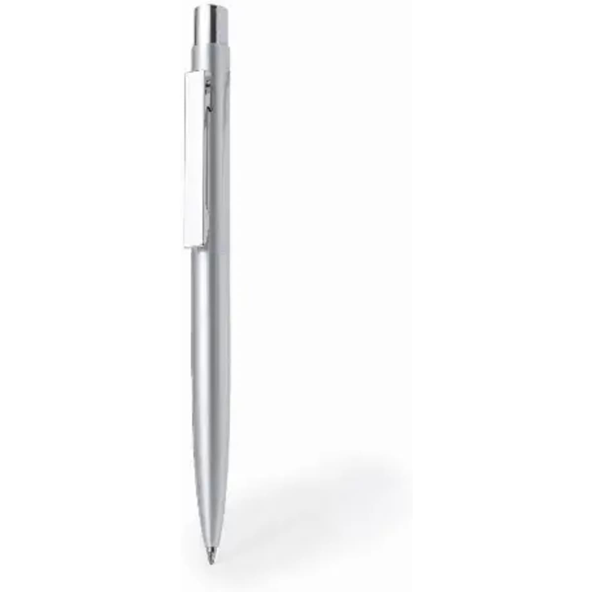 A silver ballpoint pen with a sleek design and a clip for attachment.