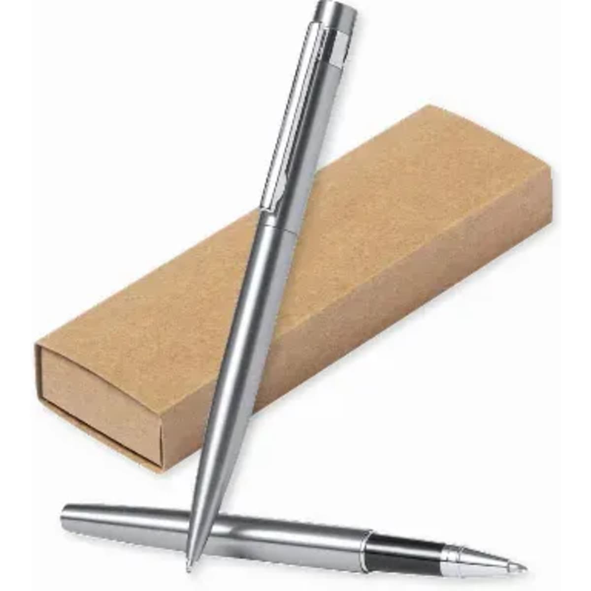 A silver pen resting beside its brown cardboard box. The pen features a sleek design and a shiny clip.