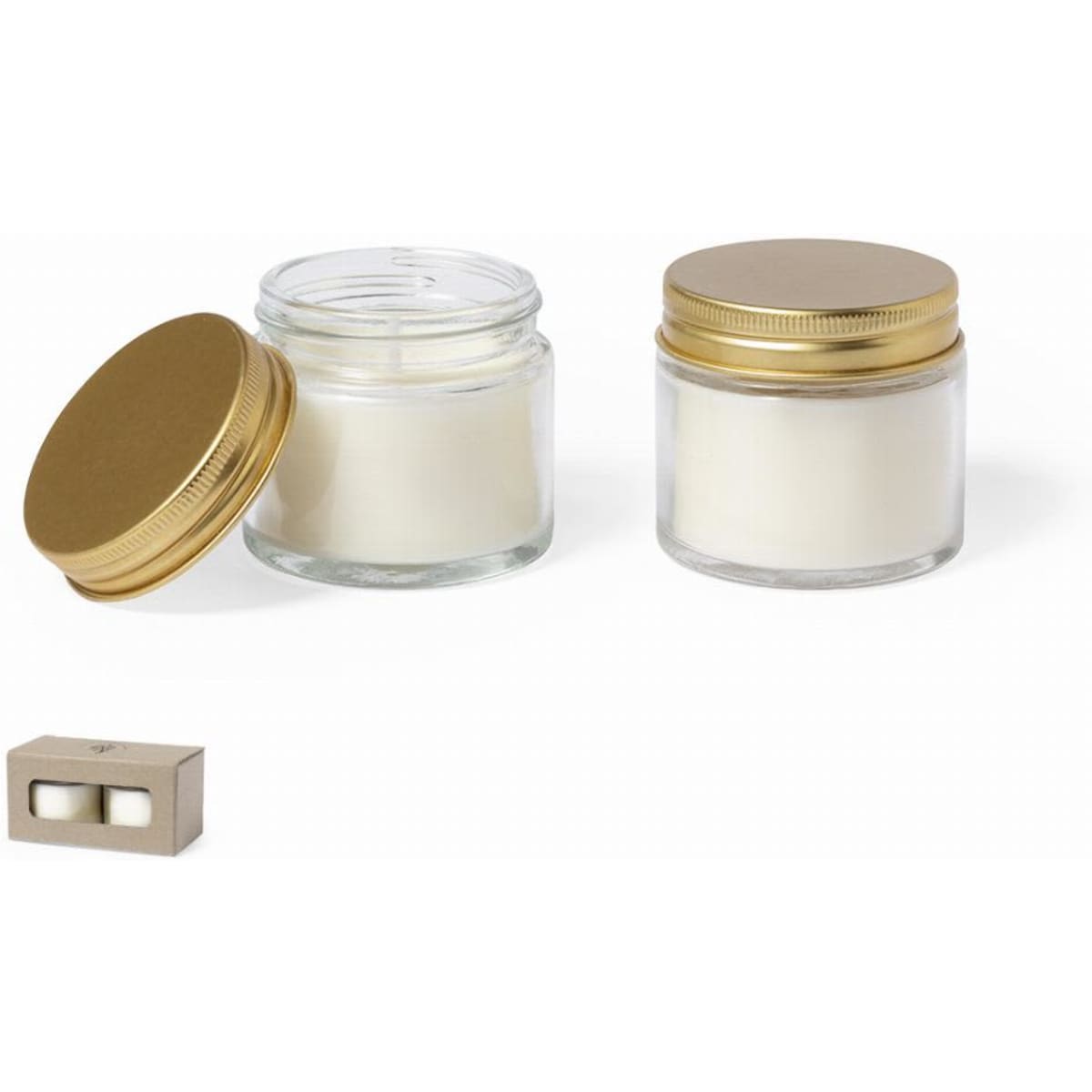 Two clear glass jars with gold lids, featuring white contents, displayed alongside a cardboard box.