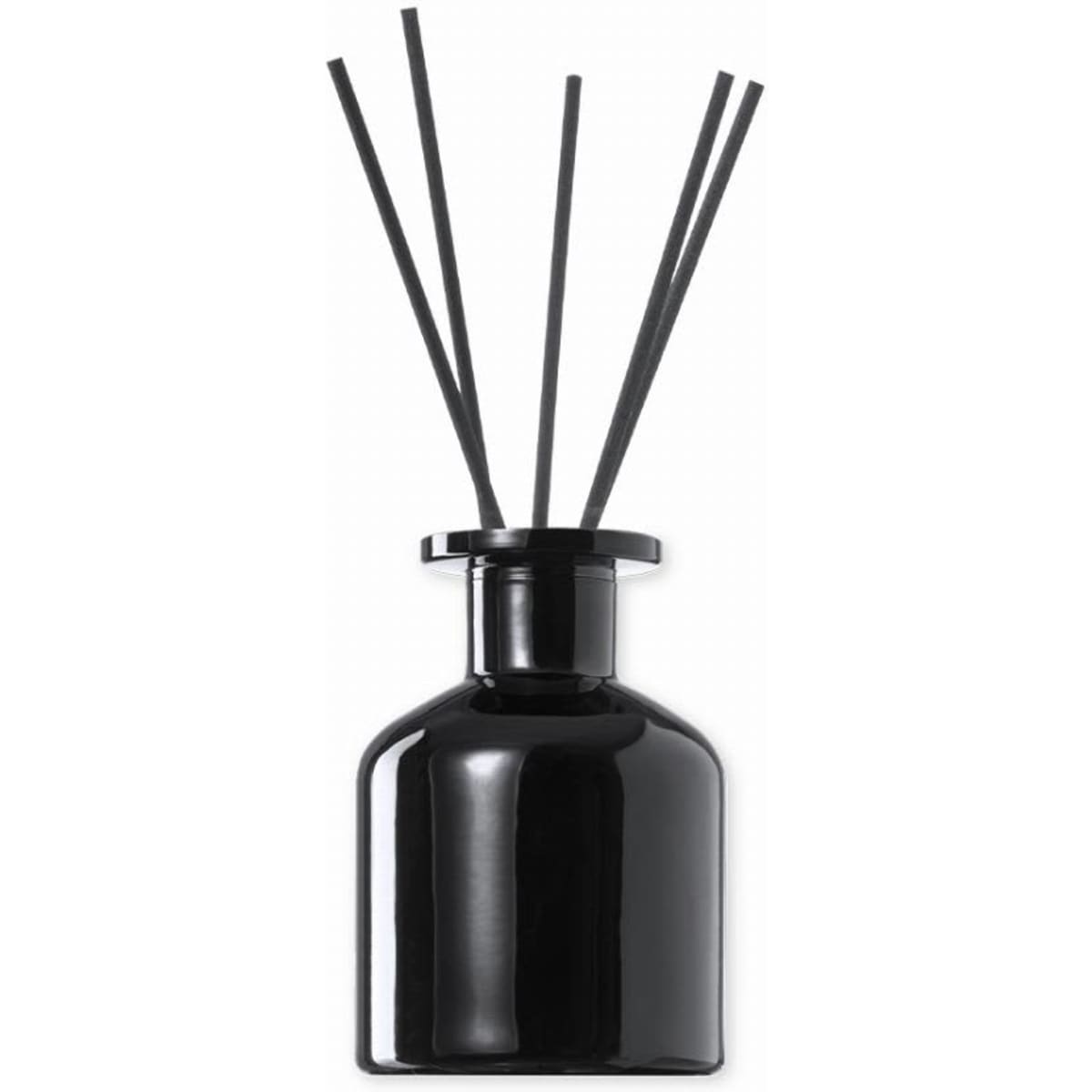 A black aroma diffuser with five black reeds arranged in a circular holder. The bottle has a sleek, modern design.