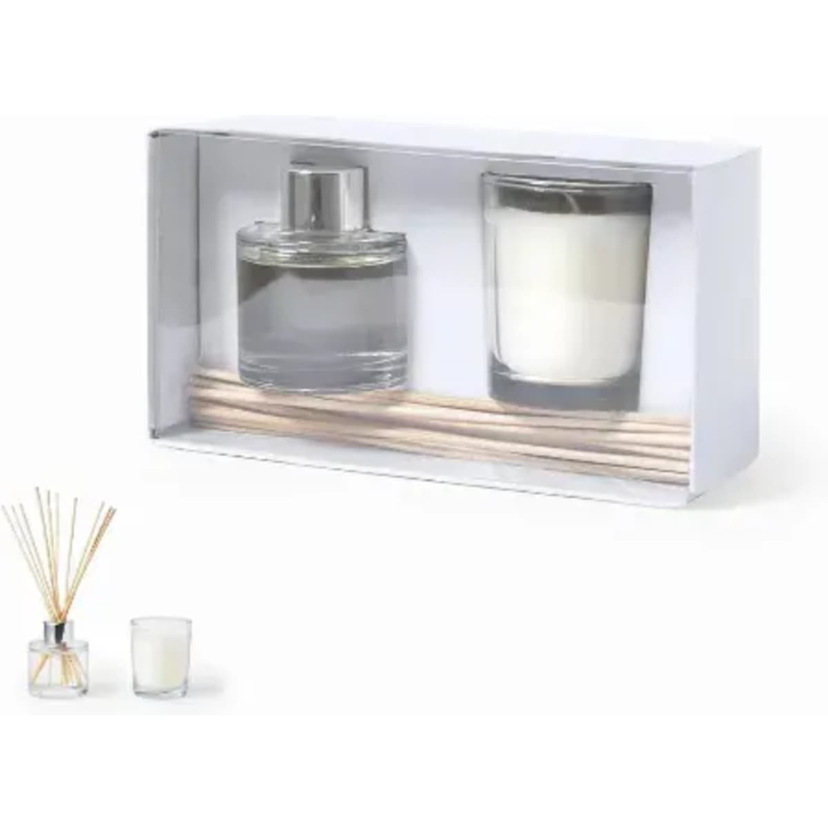 A gift set featuring a glass diffuser, a candle in a glass holder, and wooden sticks, all in a white box.