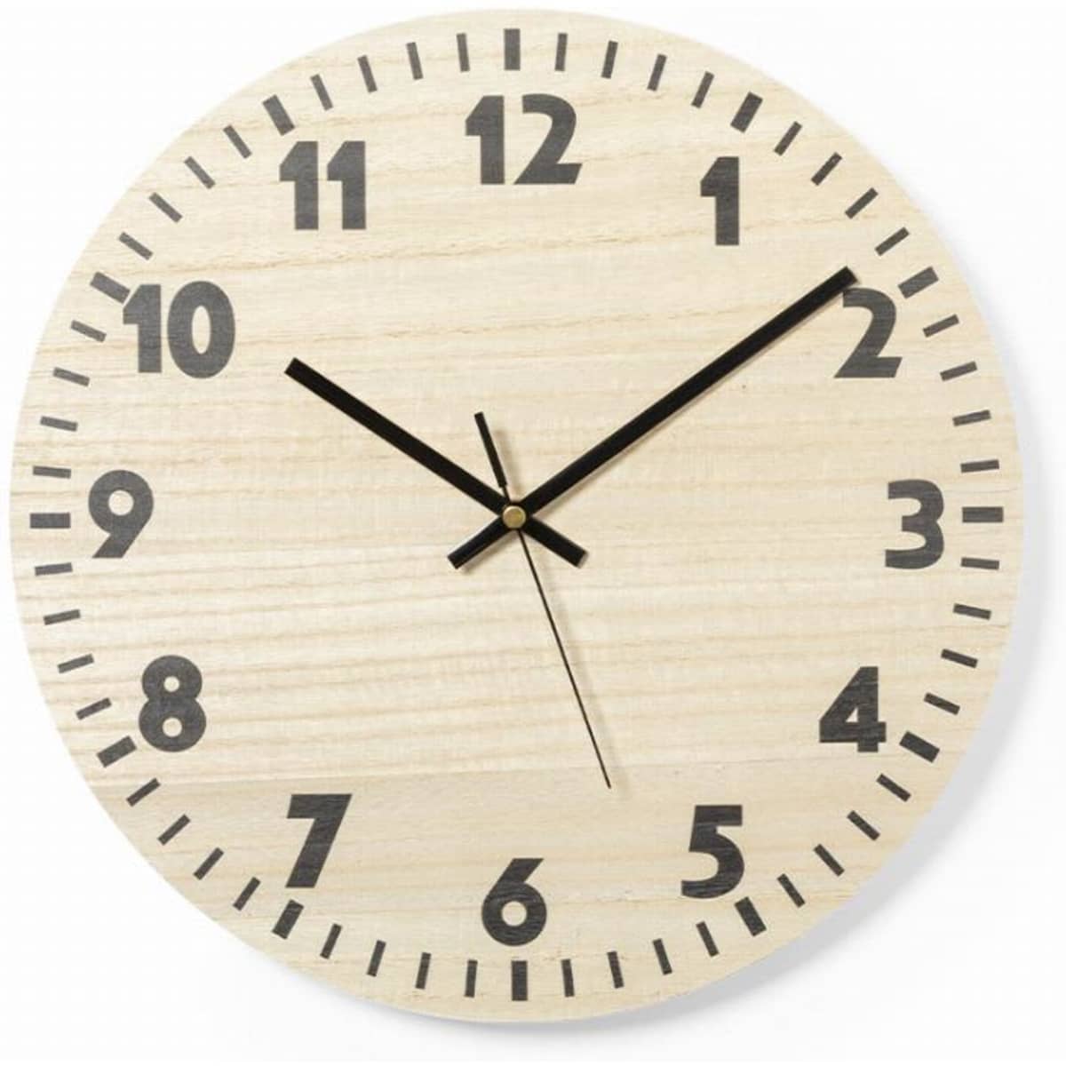 A wall clock with a light wooden finish, black numbers, and hands, featuring a minimalist design.